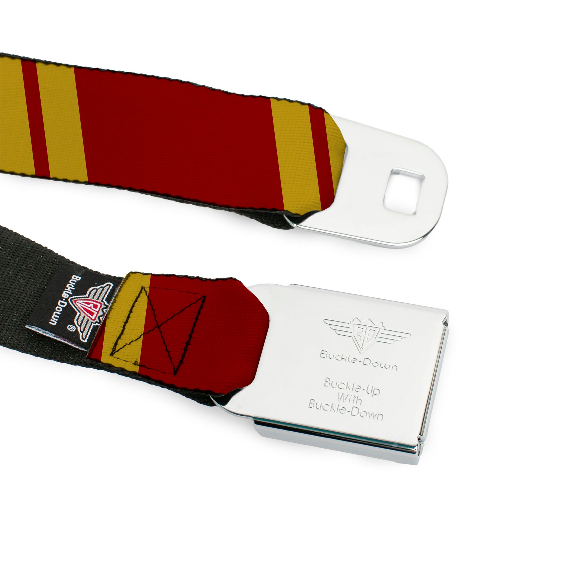 BD Wings Logo CLOSE-UP Black/Silver Seatbelt Belt - Hash Mark Stripe Double Maroon/Gold Webbing Seatbelt Belts Buckle-Down