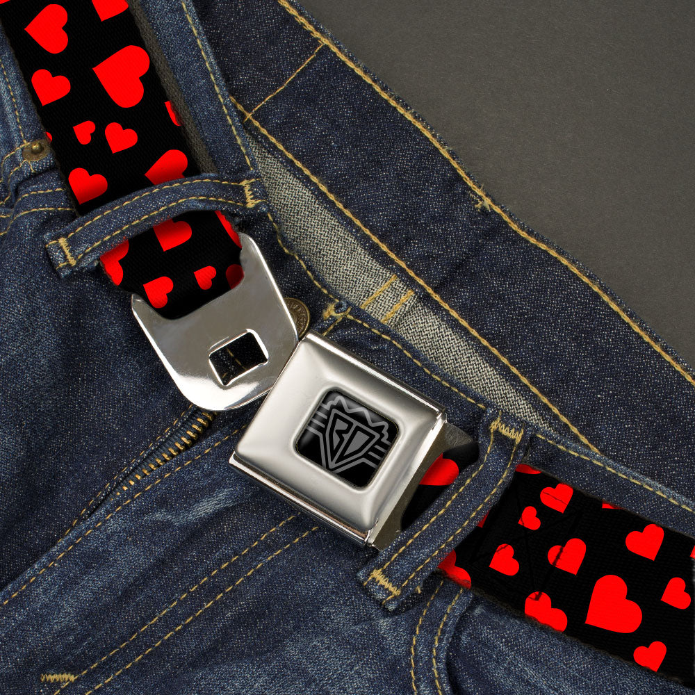 BD Wings Logo CLOSE-UP Black/Silver Seatbelt Belt - Hearts Scattered Black/Red Webbing Seatbelt Belts Buckle-Down