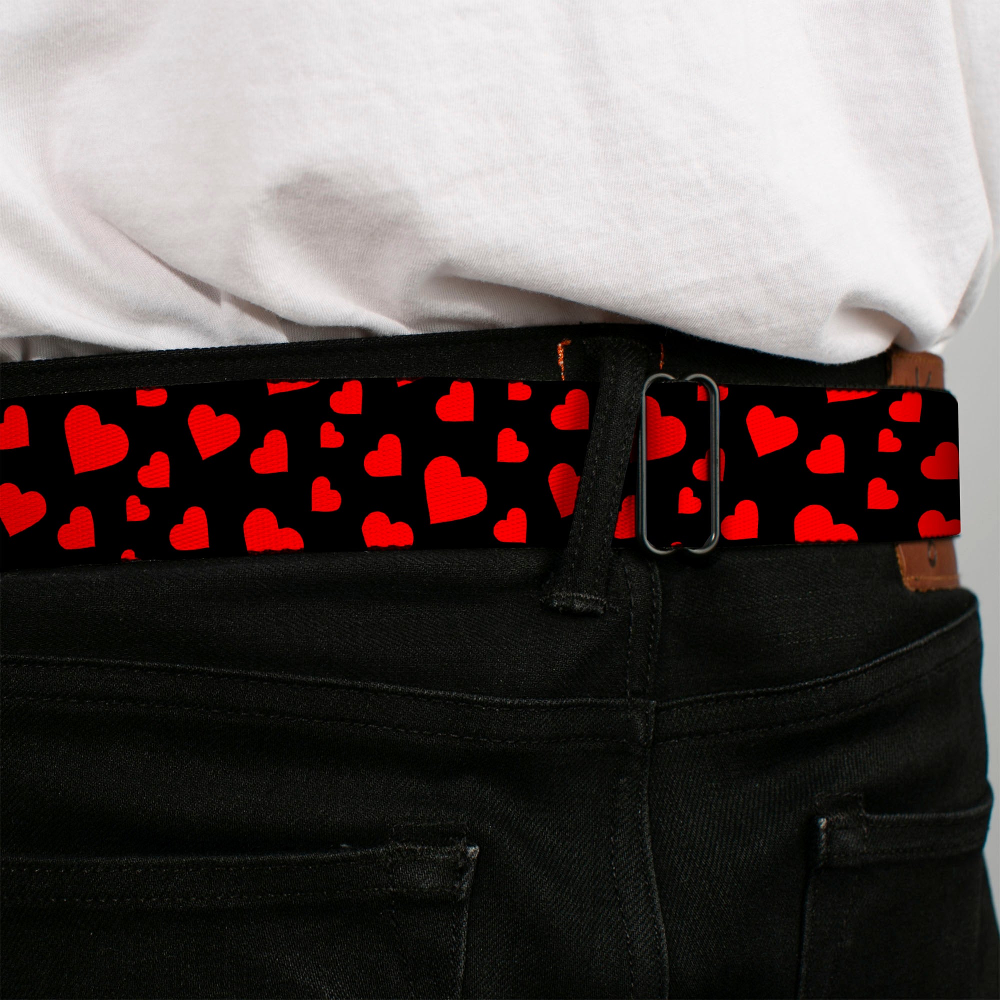 BD Wings Logo CLOSE-UP Black/Silver Seatbelt Belt - Hearts Scattered Black/Red Webbing Seatbelt Belts Buckle-Down