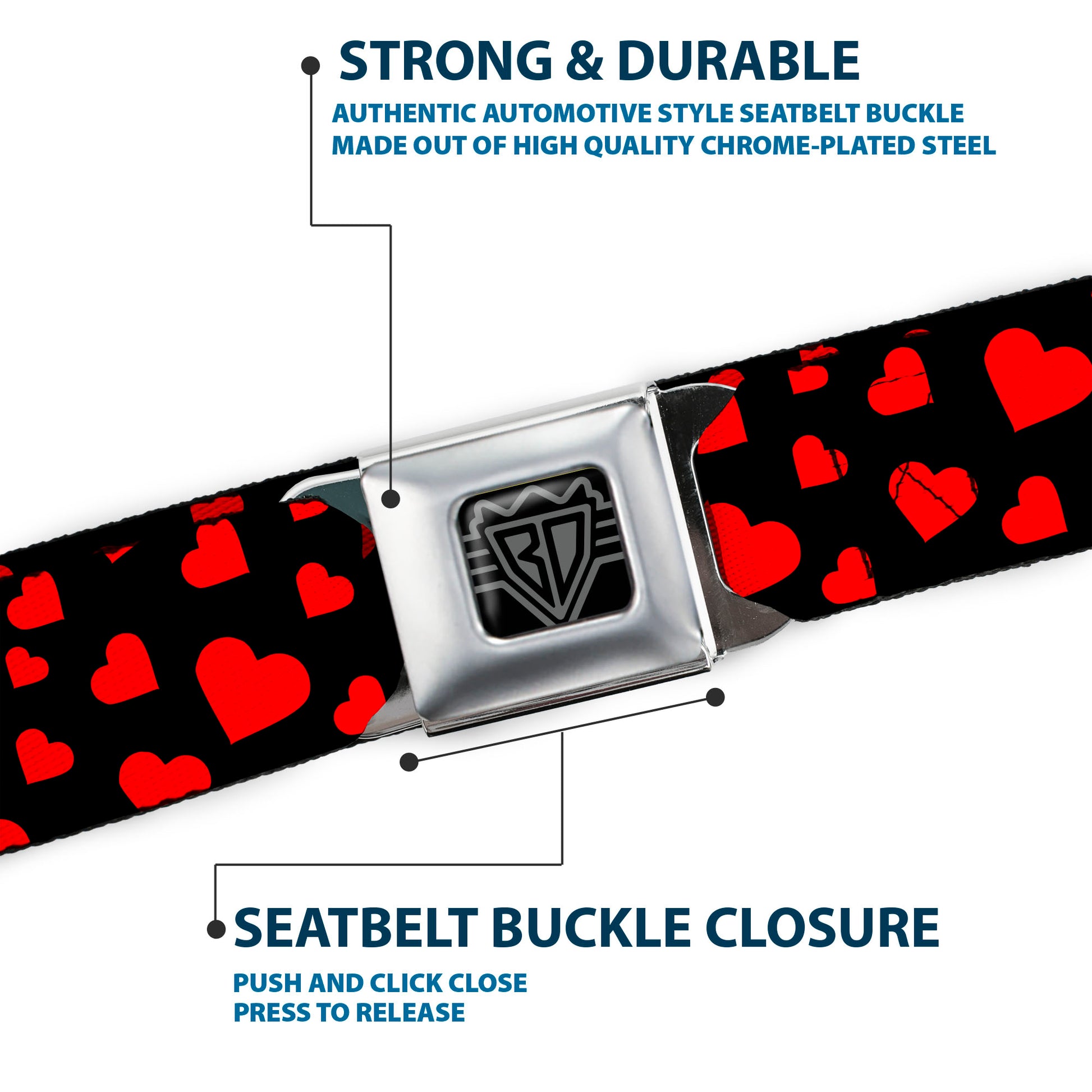 BD Wings Logo CLOSE-UP Black/Silver Seatbelt Belt - Hearts Scattered Black/Red Webbing Seatbelt Belts Buckle-Down