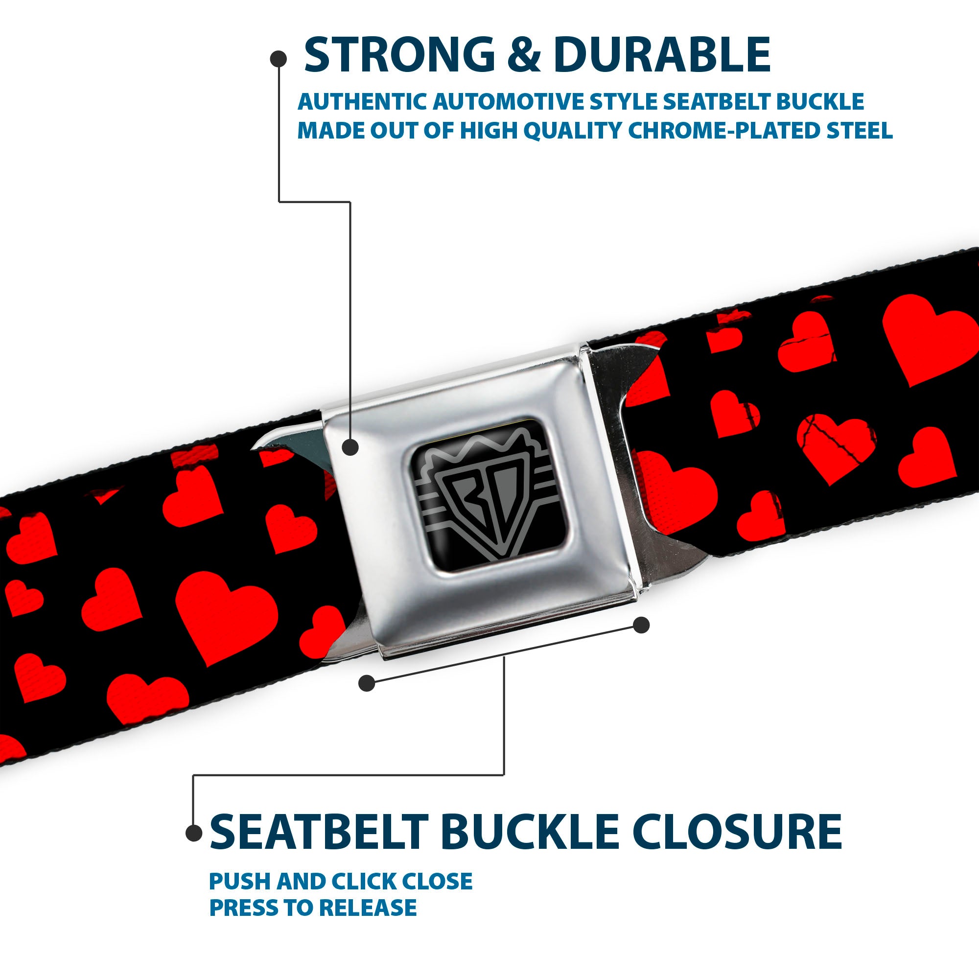 BD Wings Logo CLOSE-UP Black/Silver Seatbelt Belt - Hearts Scattered Black/Red Webbing Seatbelt Belts Buckle-Down
