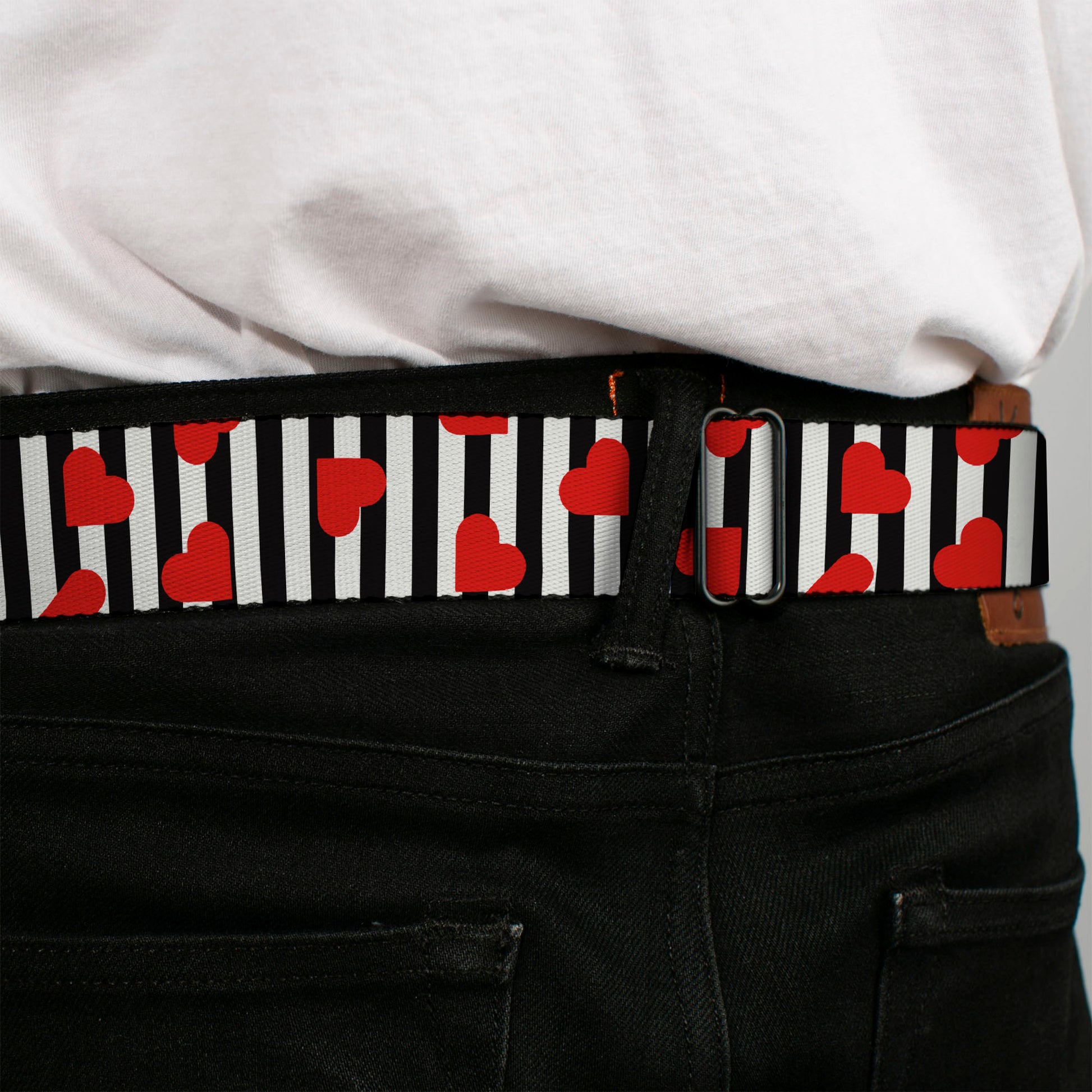 BD Wings Logo CLOSE-UP Black/Silver Seatbelt Belt - Hearts Scattered/Stripe White/Black/Red Webbing Seatbelt Belts Buckle-Down