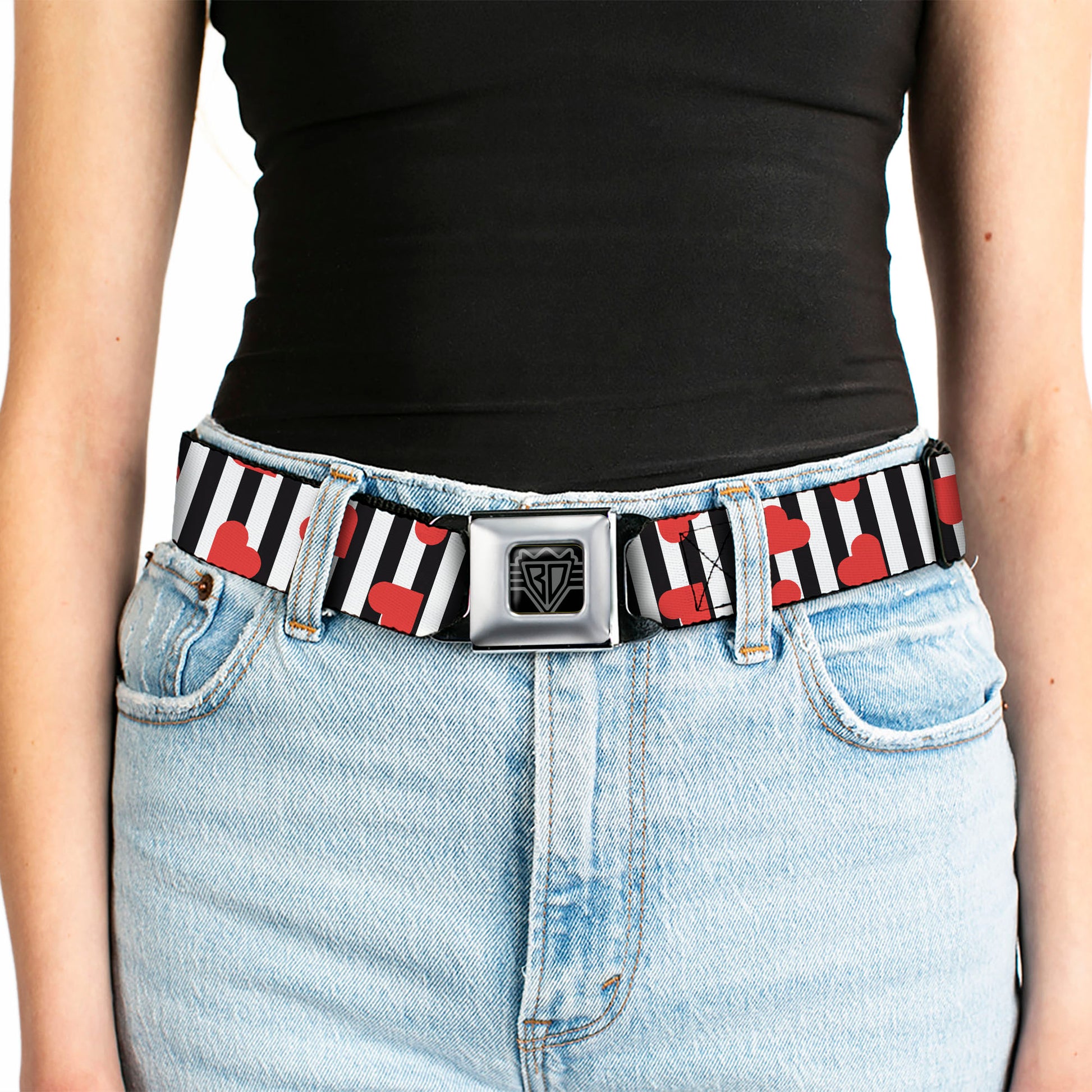 BD Wings Logo CLOSE-UP Black/Silver Seatbelt Belt - Hearts Scattered/Stripe White/Black/Red Webbing Seatbelt Belts Buckle-Down