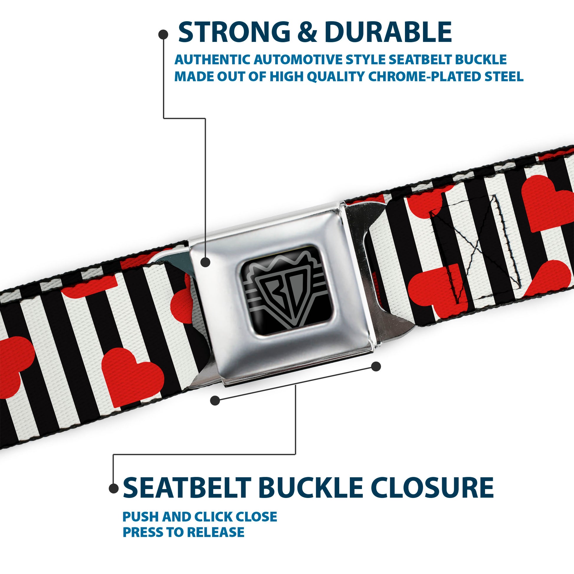 BD Wings Logo CLOSE-UP Black/Silver Seatbelt Belt - Hearts Scattered/Stripe White/Black/Red Webbing Seatbelt Belts Buckle-Down
