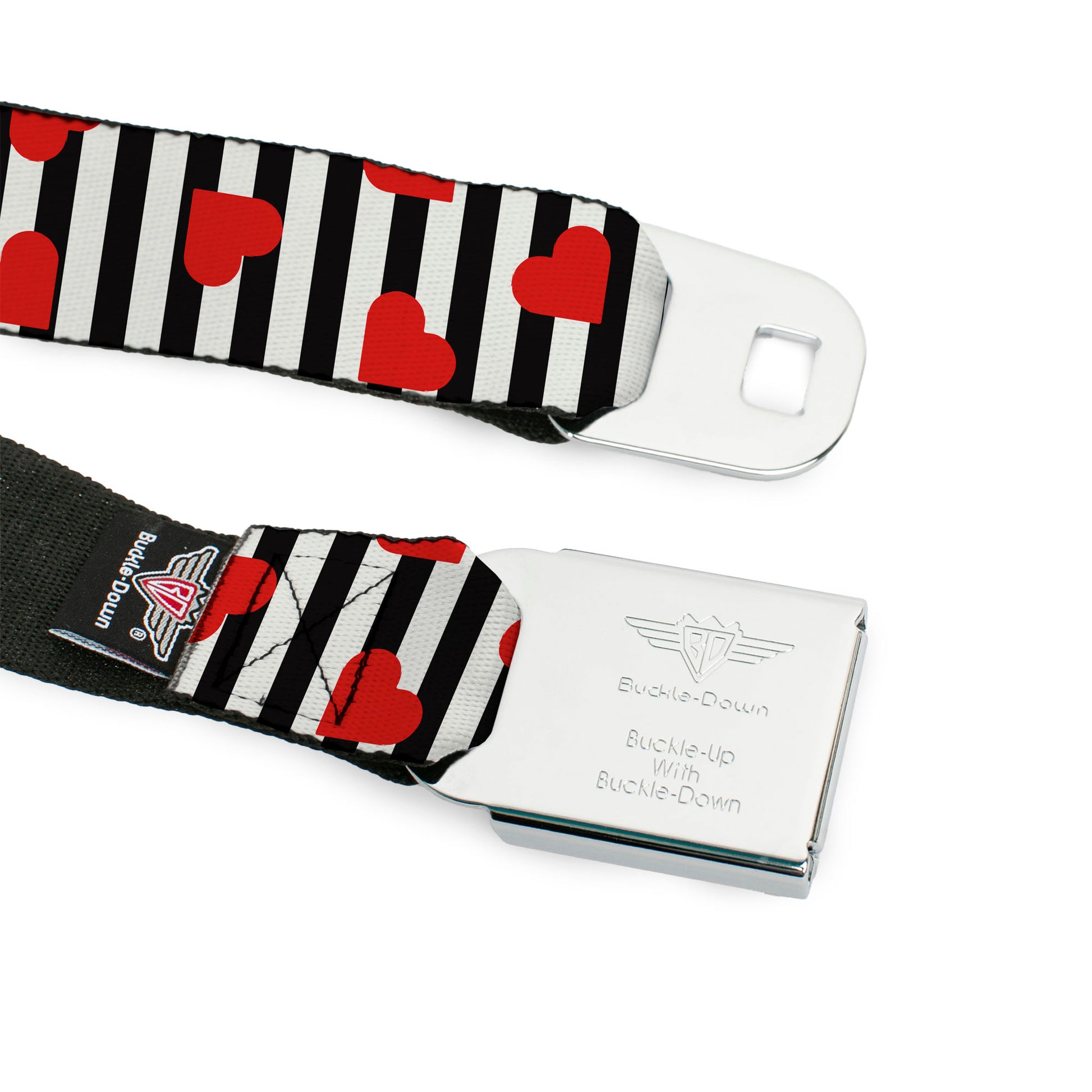 BD Wings Logo CLOSE-UP Black/Silver Seatbelt Belt - Hearts Scattered/Stripe White/Black/Red Webbing Seatbelt Belts Buckle-Down