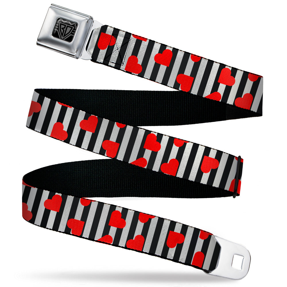 BD Wings Logo CLOSE-UP Black/Silver Seatbelt Belt - Hearts Scattered/Stripe White/Black/Red Webbing Seatbelt Belts Buckle-Down