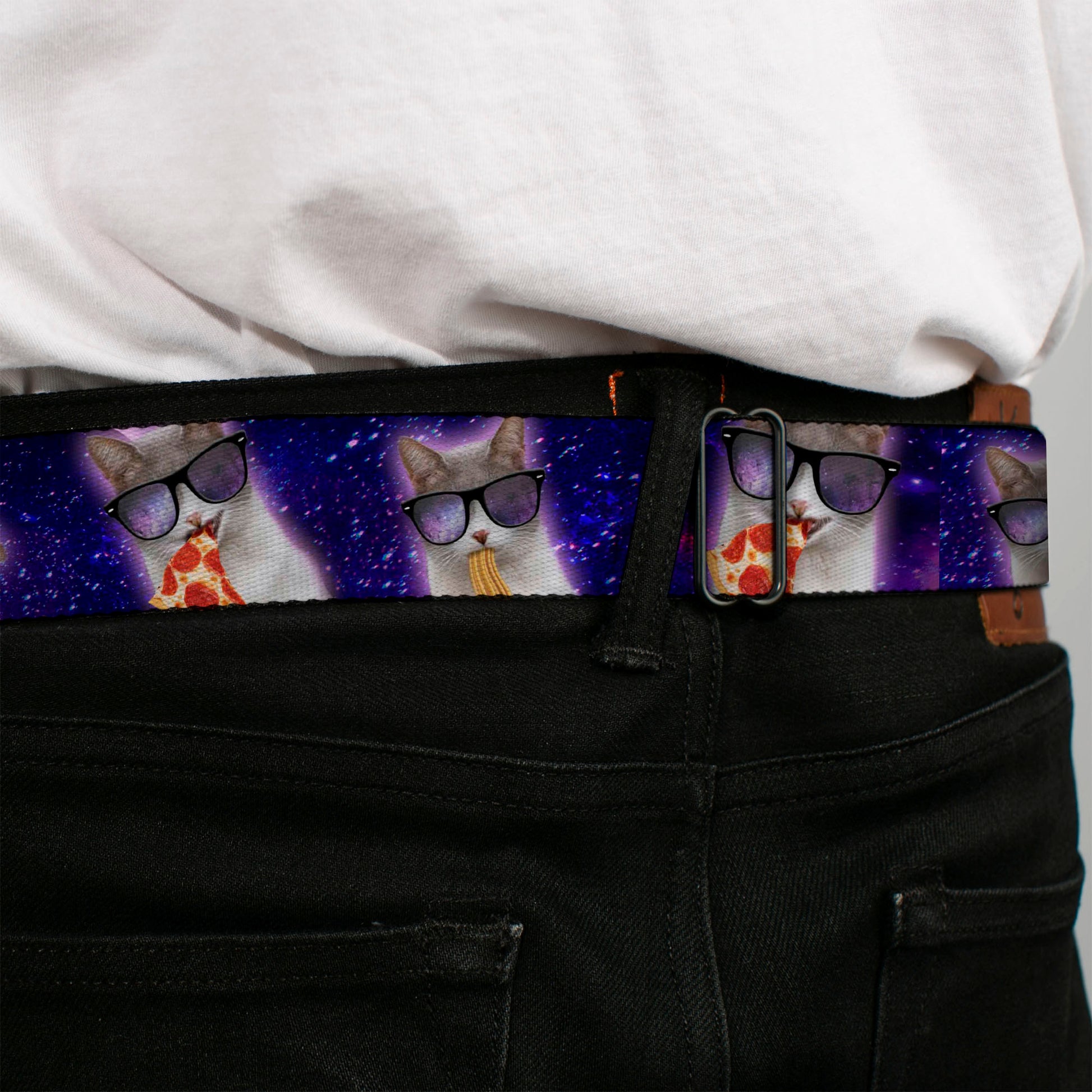 BD Wings Logo CLOSE-UP Black/Silver Seatbelt Belt - Hungry Cat in Space Purples Webbing Seatbelt Belts Buckle-Down