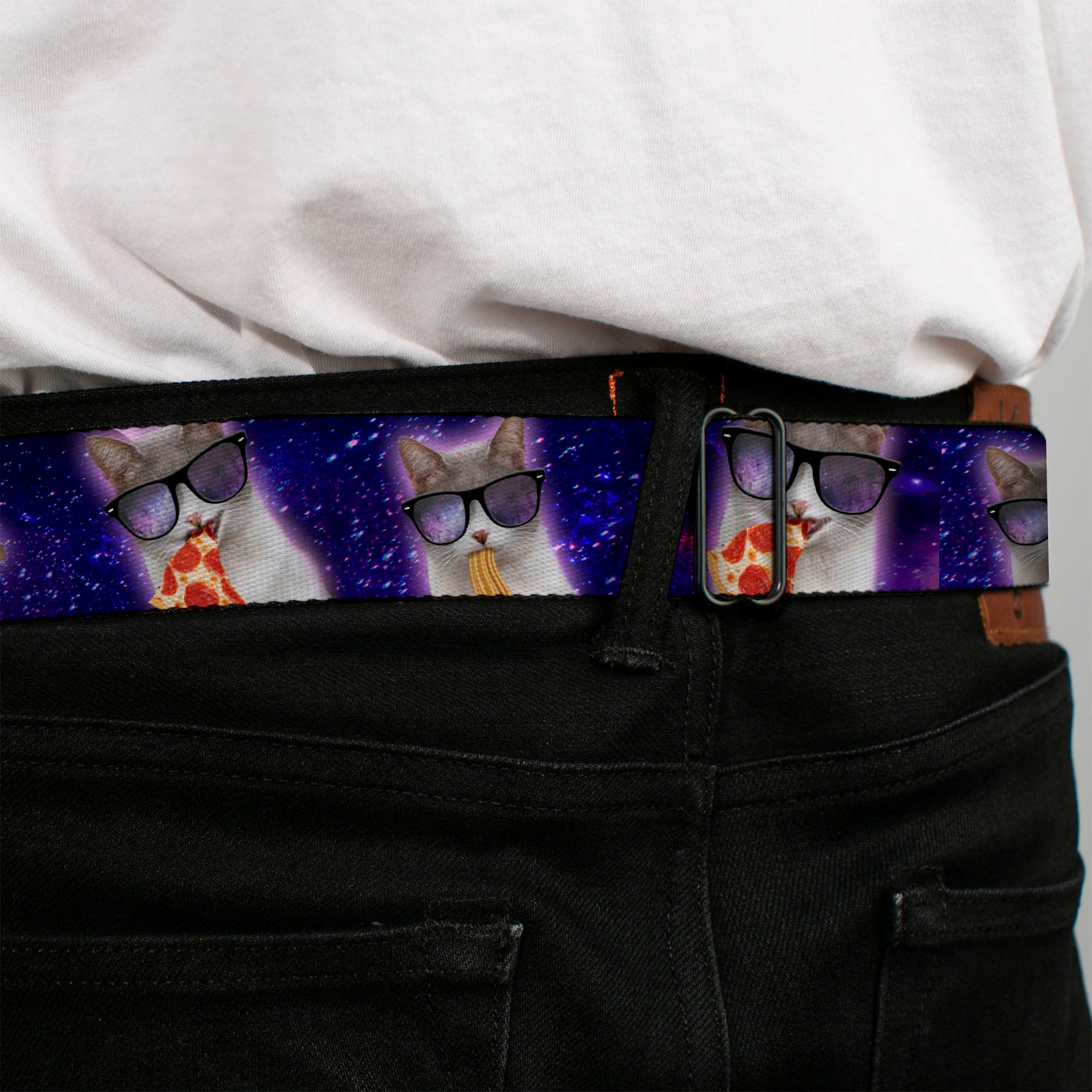 BD Wings Logo CLOSE-UP Black/Silver Seatbelt Belt - Hungry Cat in Space Purples Webbing Seatbelt Belts Buckle-Down