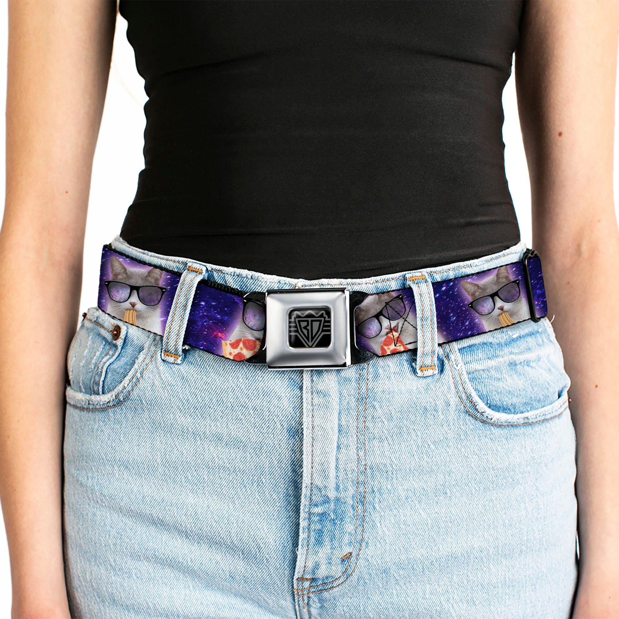 BD Wings Logo CLOSE-UP Black/Silver Seatbelt Belt - Hungry Cat in Space Purples Webbing Seatbelt Belts Buckle-Down