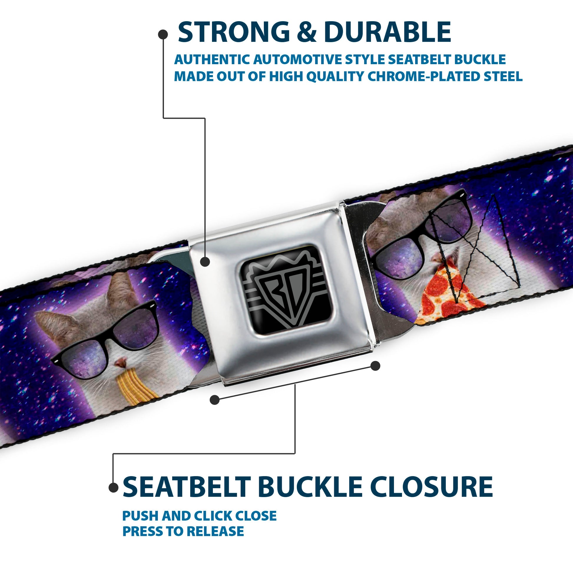 BD Wings Logo CLOSE-UP Black/Silver Seatbelt Belt - Hungry Cat in Space Purples Webbing Seatbelt Belts Buckle-Down