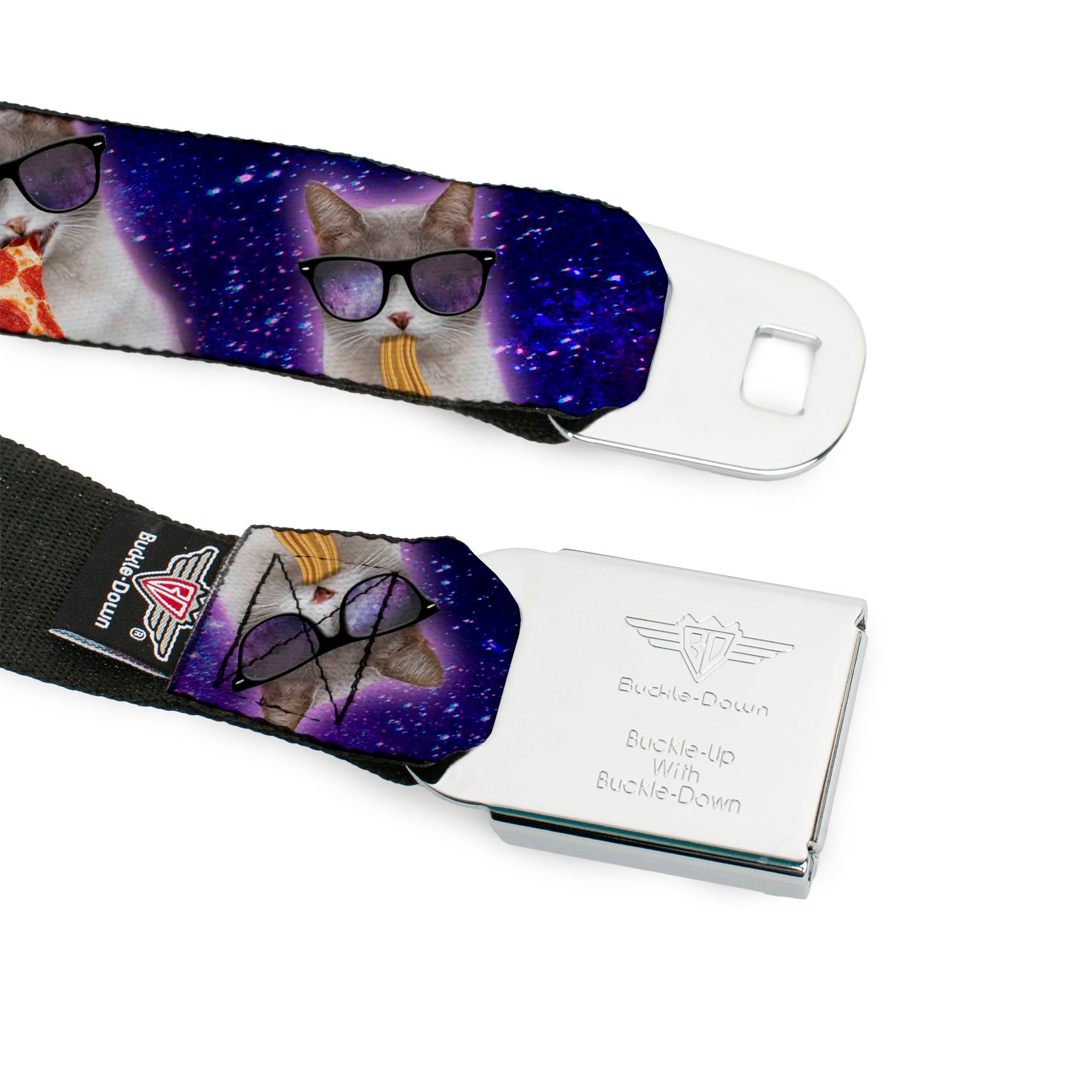 BD Wings Logo CLOSE-UP Black/Silver Seatbelt Belt - Hungry Cat in Space Purples Webbing Seatbelt Belts Buckle-Down