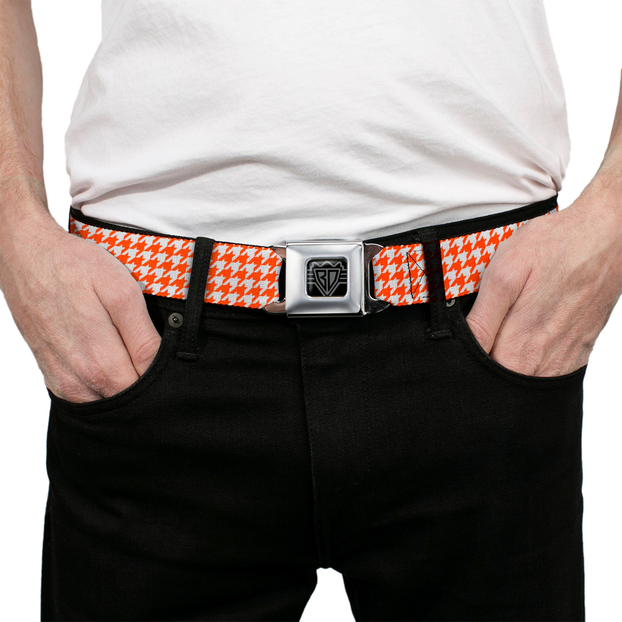 BD Wings Logo CLOSE-UP Black/Silver Seatbelt Belt - Houndstooth Orange/White Webbing Seatbelt Belts Buckle-Down