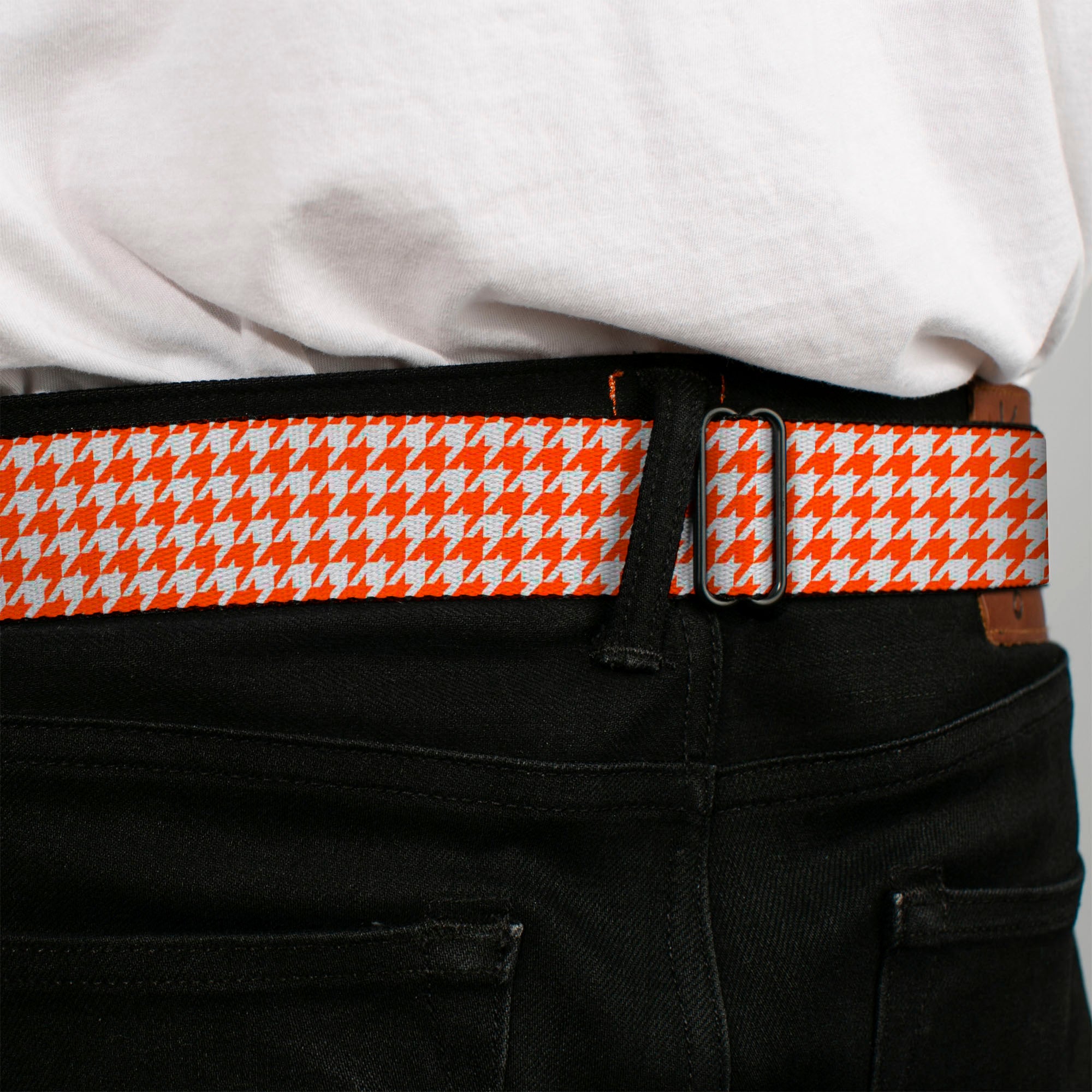 BD Wings Logo CLOSE-UP Black/Silver Seatbelt Belt - Houndstooth Orange/White Webbing Seatbelt Belts Buckle-Down