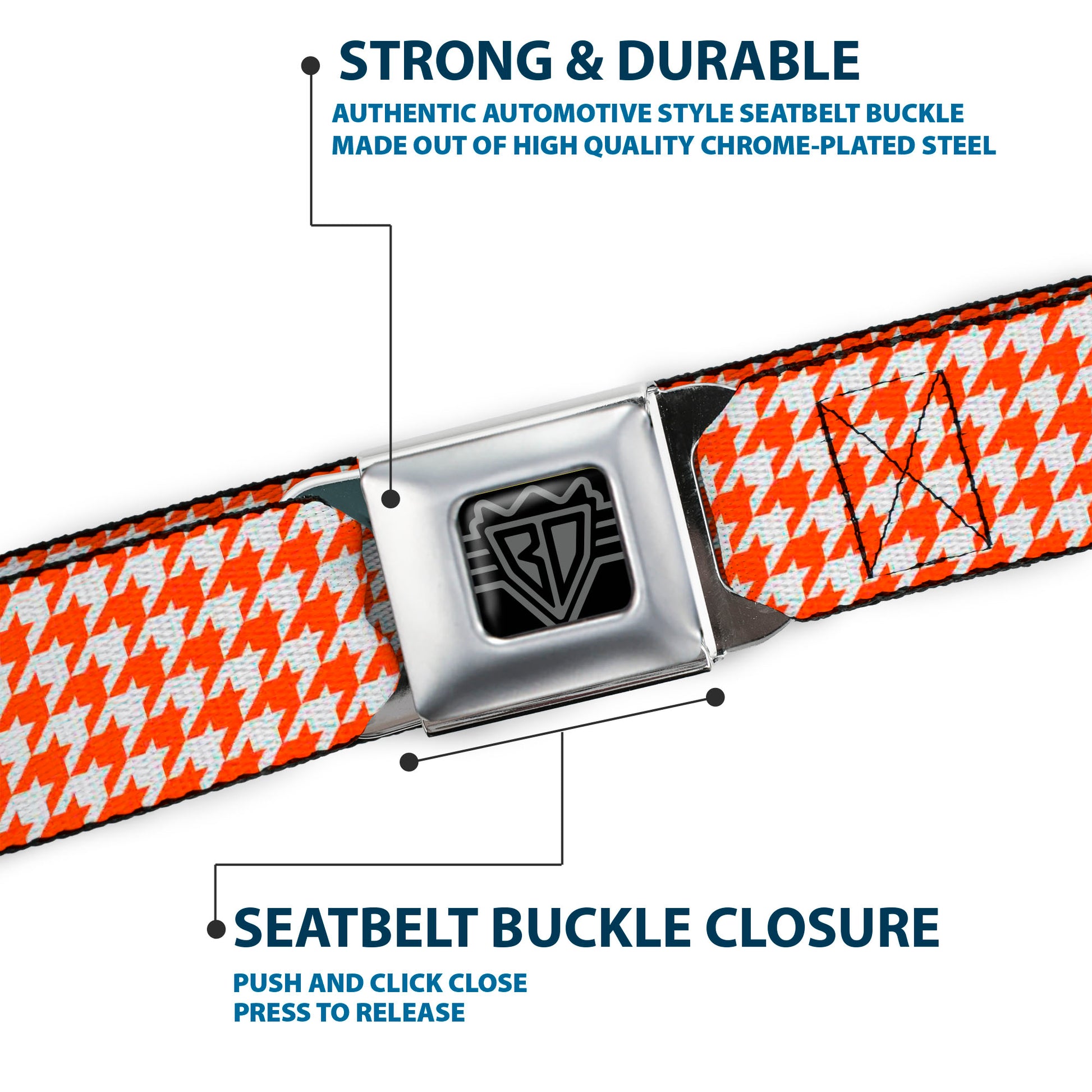 BD Wings Logo CLOSE-UP Black/Silver Seatbelt Belt - Houndstooth Orange/White Webbing Seatbelt Belts Buckle-Down