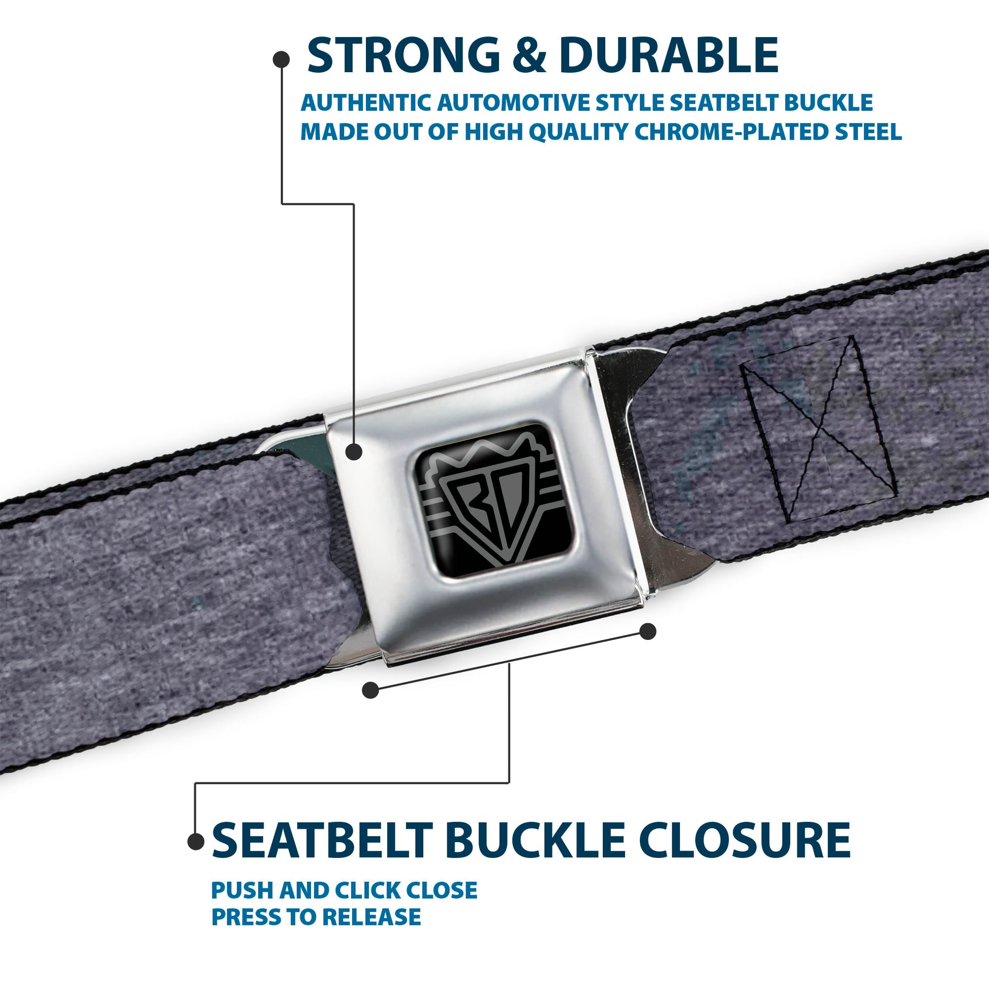 BD Wings Logo CLOSE-UP Black/Silver Seatbelt Belt - Heather Grays Webbing Seatbelt Belts Buckle-Down