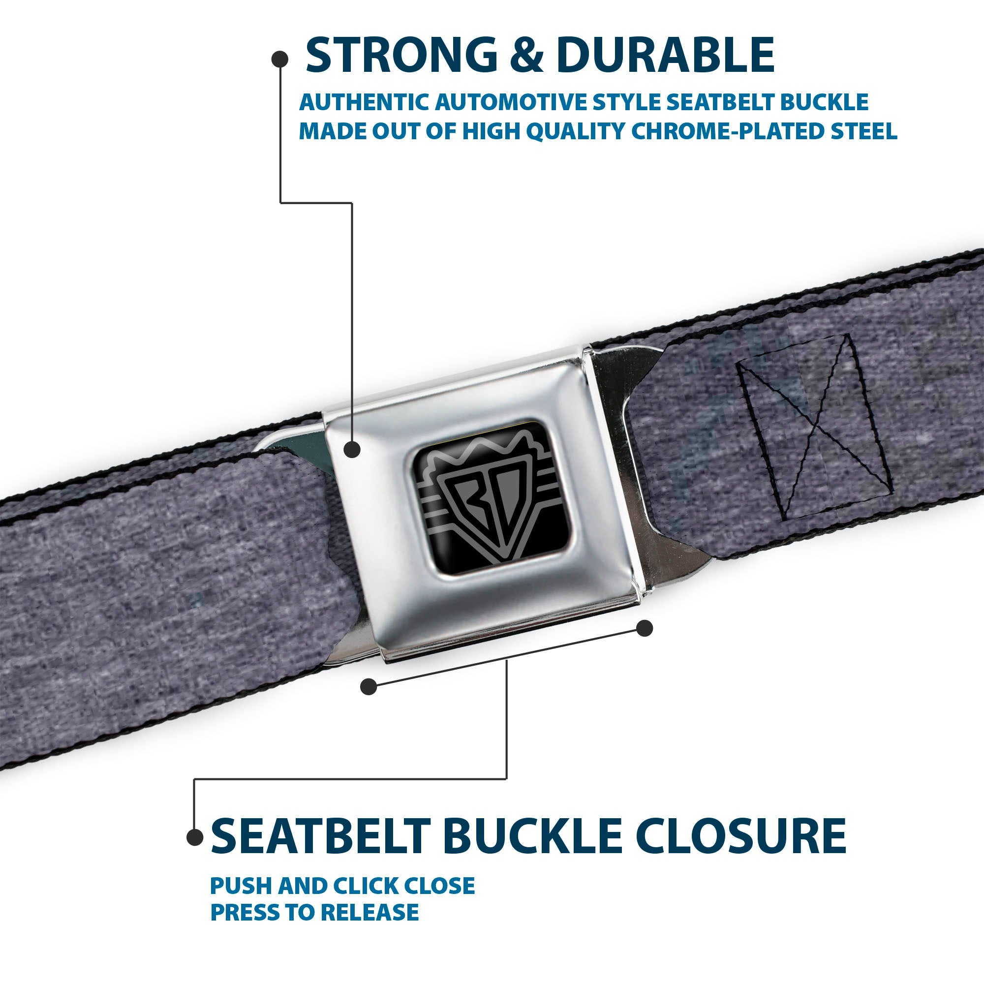 BD Wings Logo CLOSE-UP Black/Silver Seatbelt Belt - Heather Grays Webbing Seatbelt Belts Buckle-Down