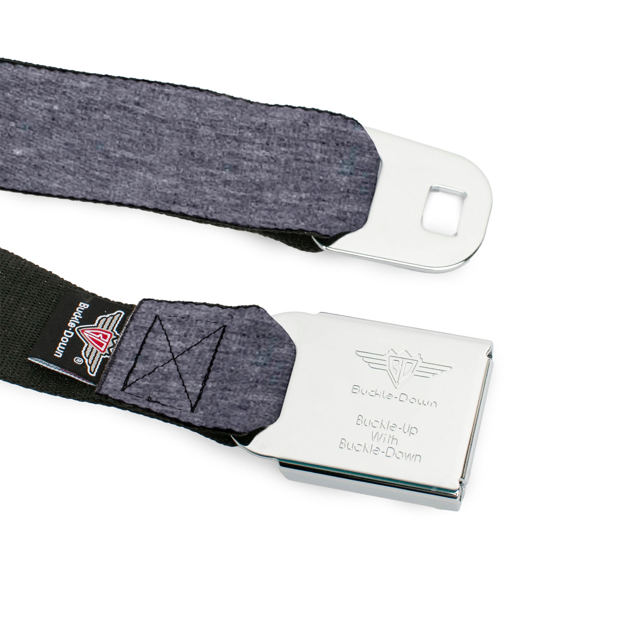 BD Wings Logo CLOSE-UP Black/Silver Seatbelt Belt - Heather Grays Webbing Seatbelt Belts Buckle-Down