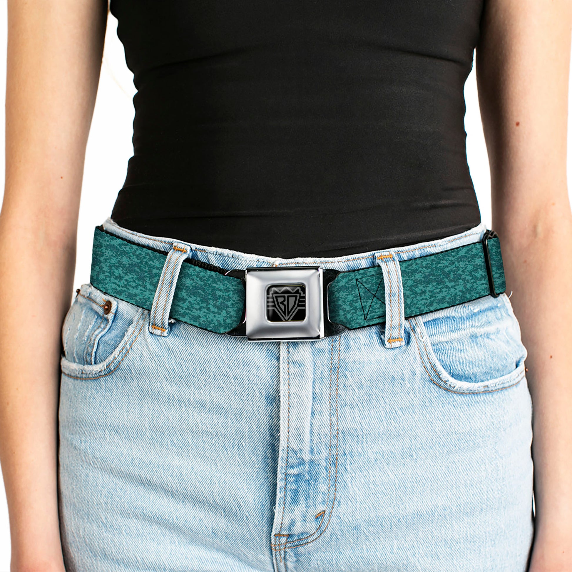 BD Wings Logo CLOSE-UP Black/Silver Seatbelt Belt - Heather2 Blues Webbing Seatbelt Belts Buckle-Down