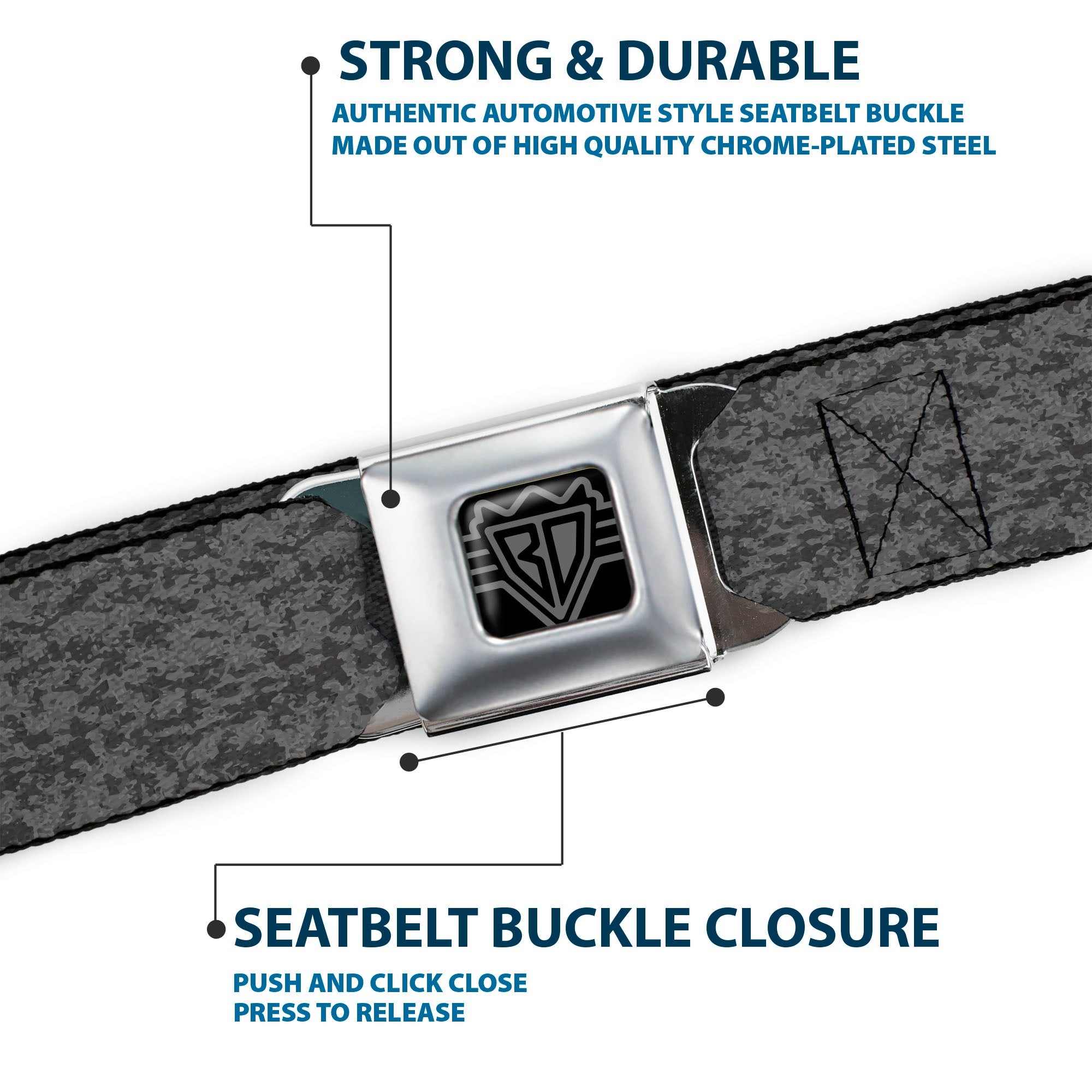 BD Wings Logo CLOSE-UP Black/Silver Seatbelt Belt - Heather2 Grays Webbing Seatbelt Belts Buckle-Down