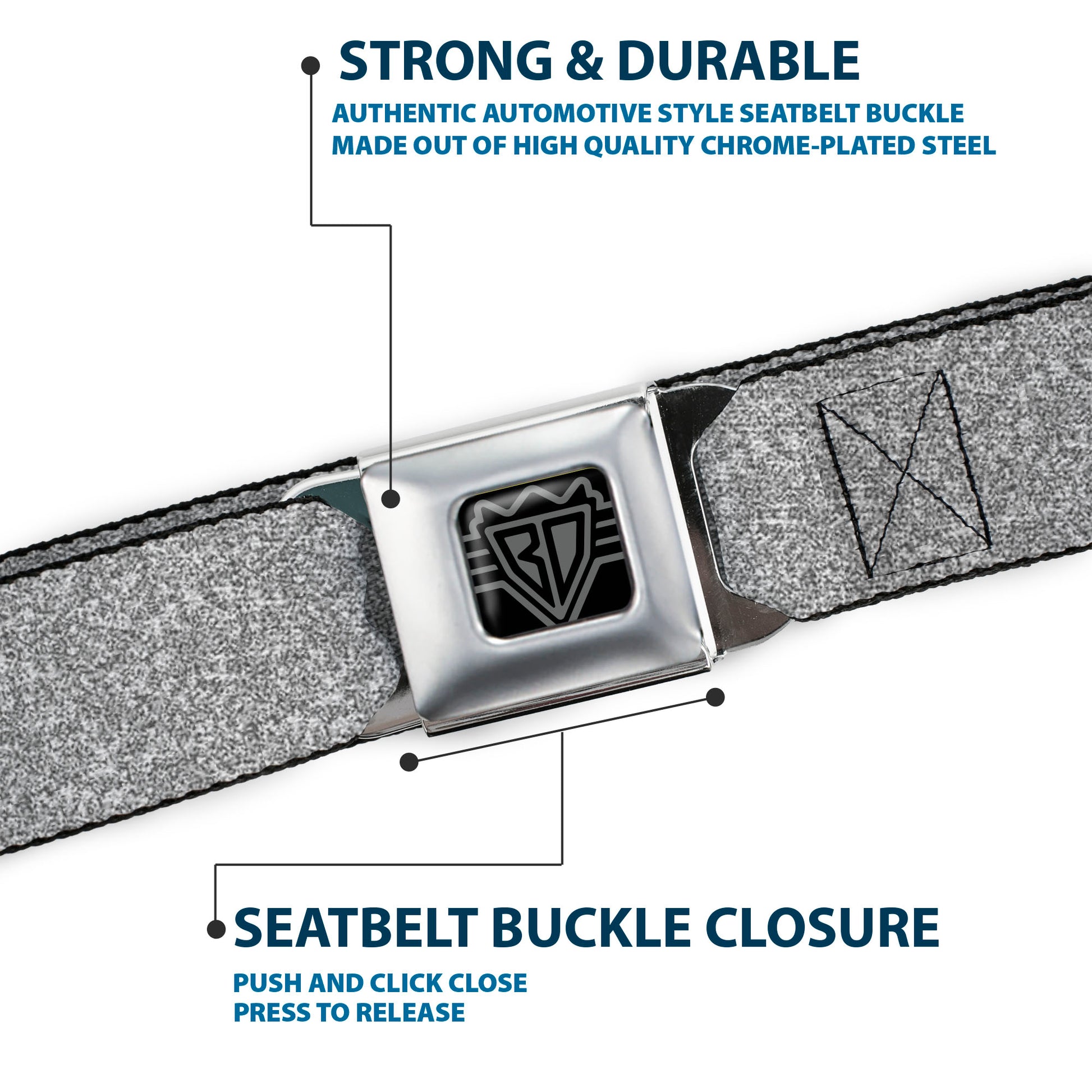 BD Wings Logo CLOSE-UP Black/Silver Seatbelt Belt - Heather4 GrayWhite Webbing Seatbelt Belts Buckle-Down