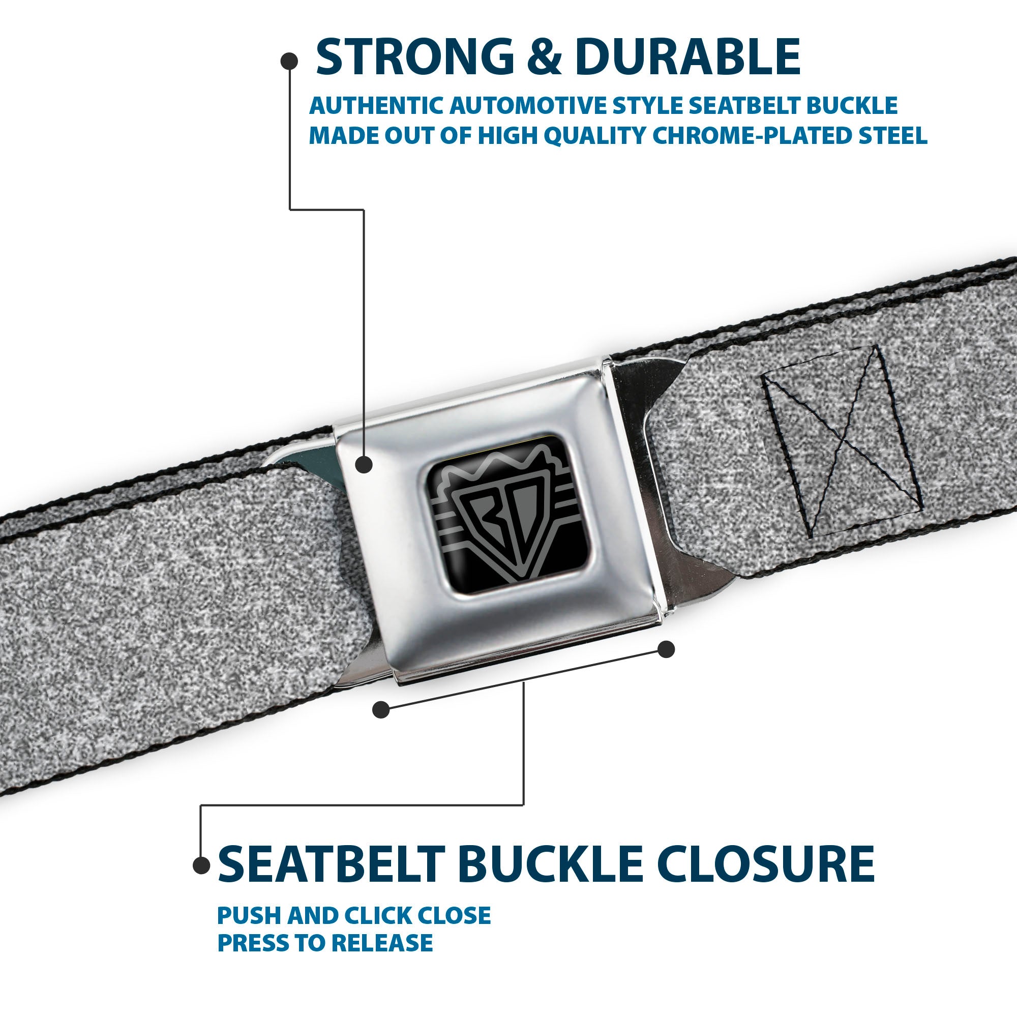 BD Wings Logo CLOSE-UP Black/Silver Seatbelt Belt - Heather4 GrayWhite Webbing Seatbelt Belts Buckle-Down