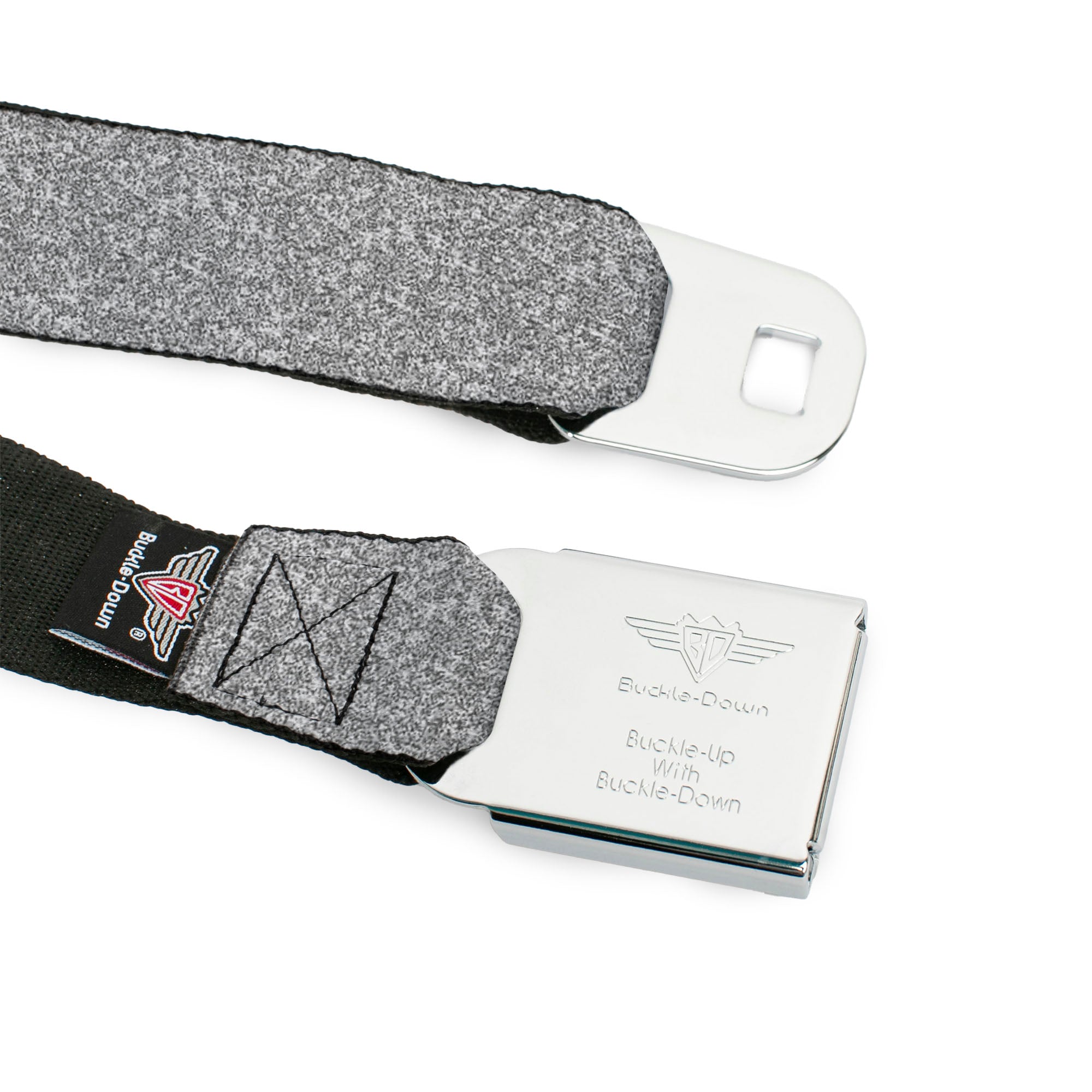 BD Wings Logo CLOSE-UP Black/Silver Seatbelt Belt - Heather4 GrayWhite Webbing Seatbelt Belts Buckle-Down