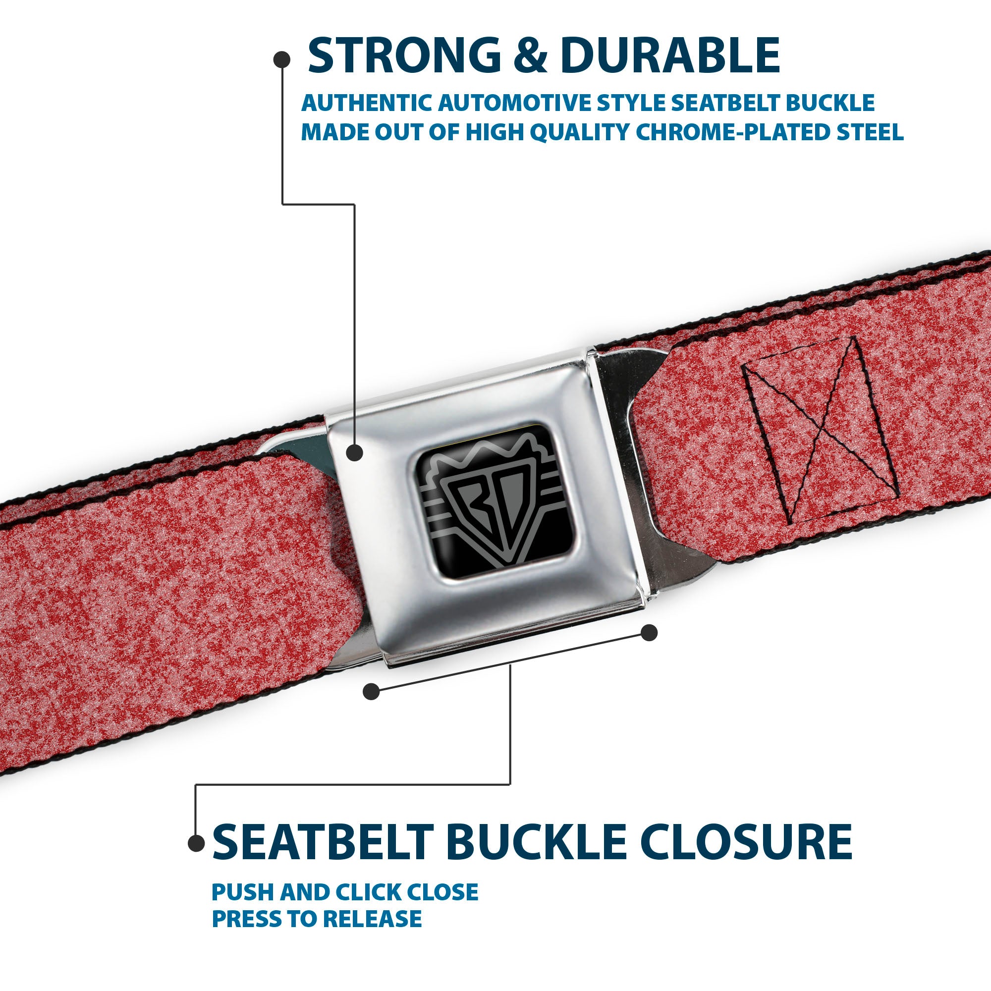 BD Wings Logo CLOSE-UP Black/Silver Seatbelt Belt - Heather4 Red/White Webbing Seatbelt Belts Buckle-Down