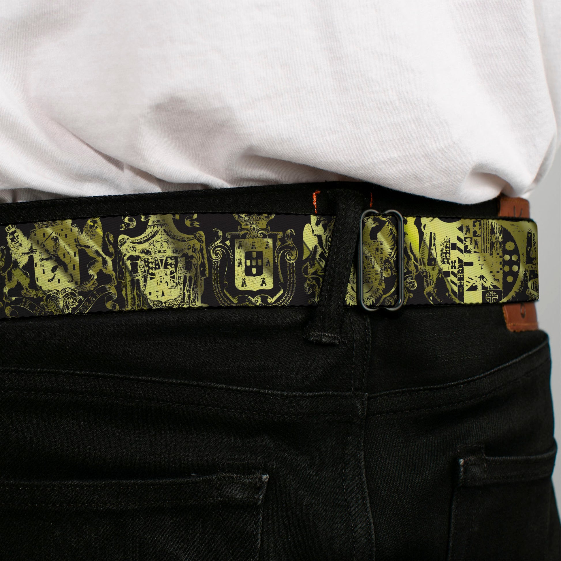 BD Wings Logo CLOSE-UP Full Color Black Silver Seatbelt Belt - Heraldry 9-Coat of Arms Black/Gold Webbing Seatbelt Belts Buckle-Down