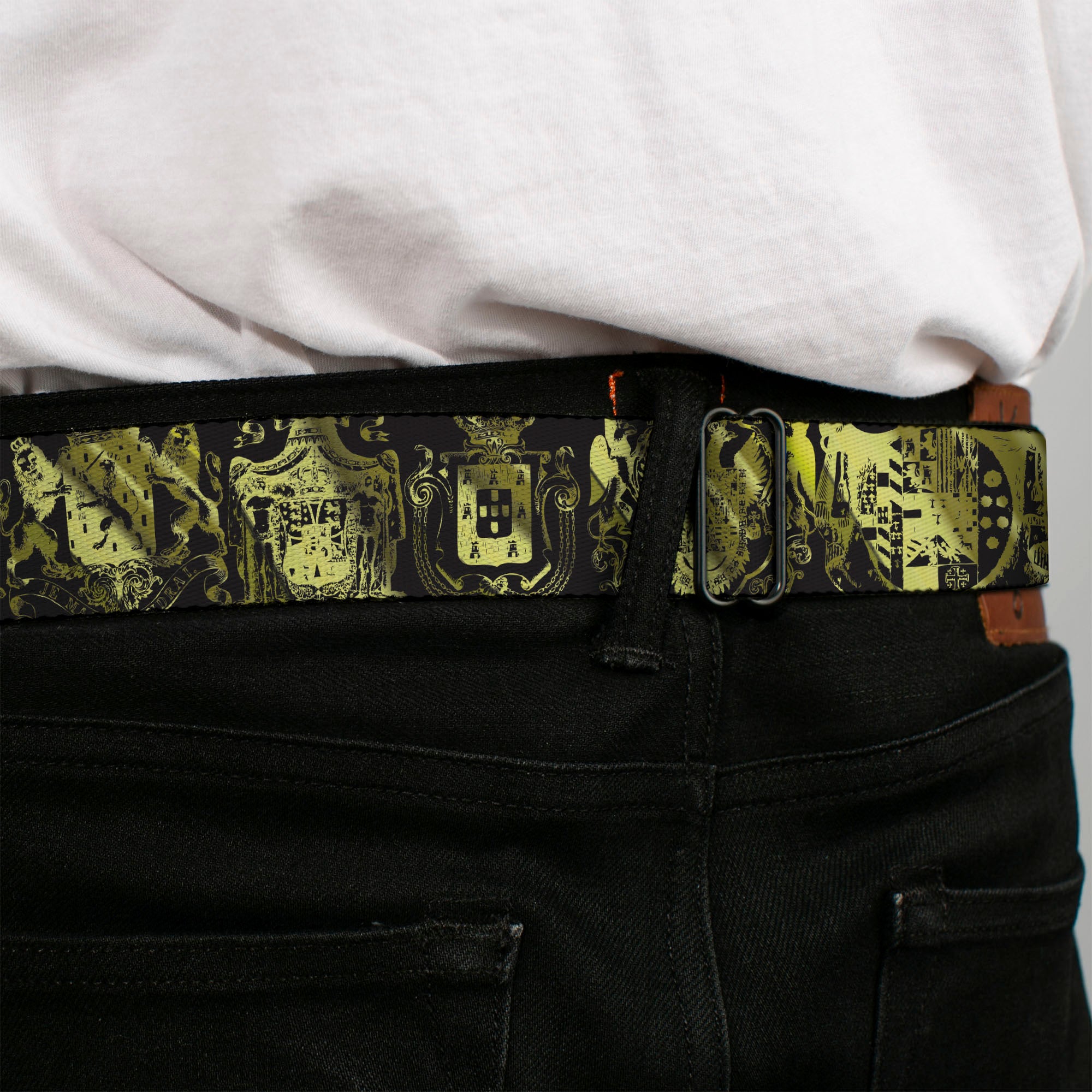 BD Wings Logo CLOSE-UP Full Color Black Silver Seatbelt Belt - Heraldry 9-Coat of Arms Black/Gold Webbing Seatbelt Belts Buckle-Down