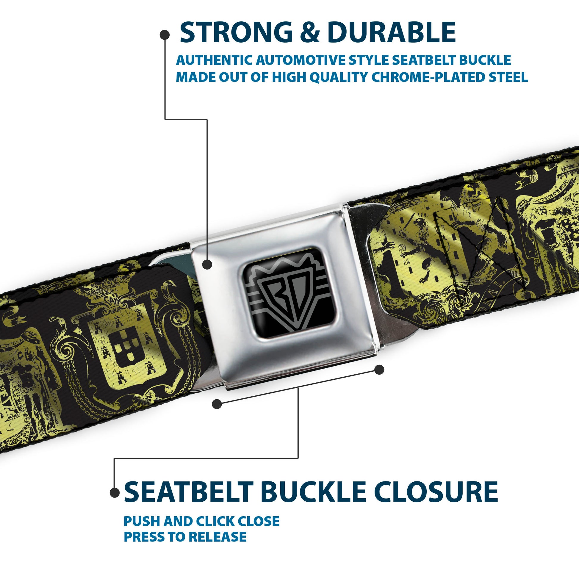 BD Wings Logo CLOSE-UP Full Color Black Silver Seatbelt Belt - Heraldry 9-Coat of Arms Black/Gold Webbing Seatbelt Belts Buckle-Down