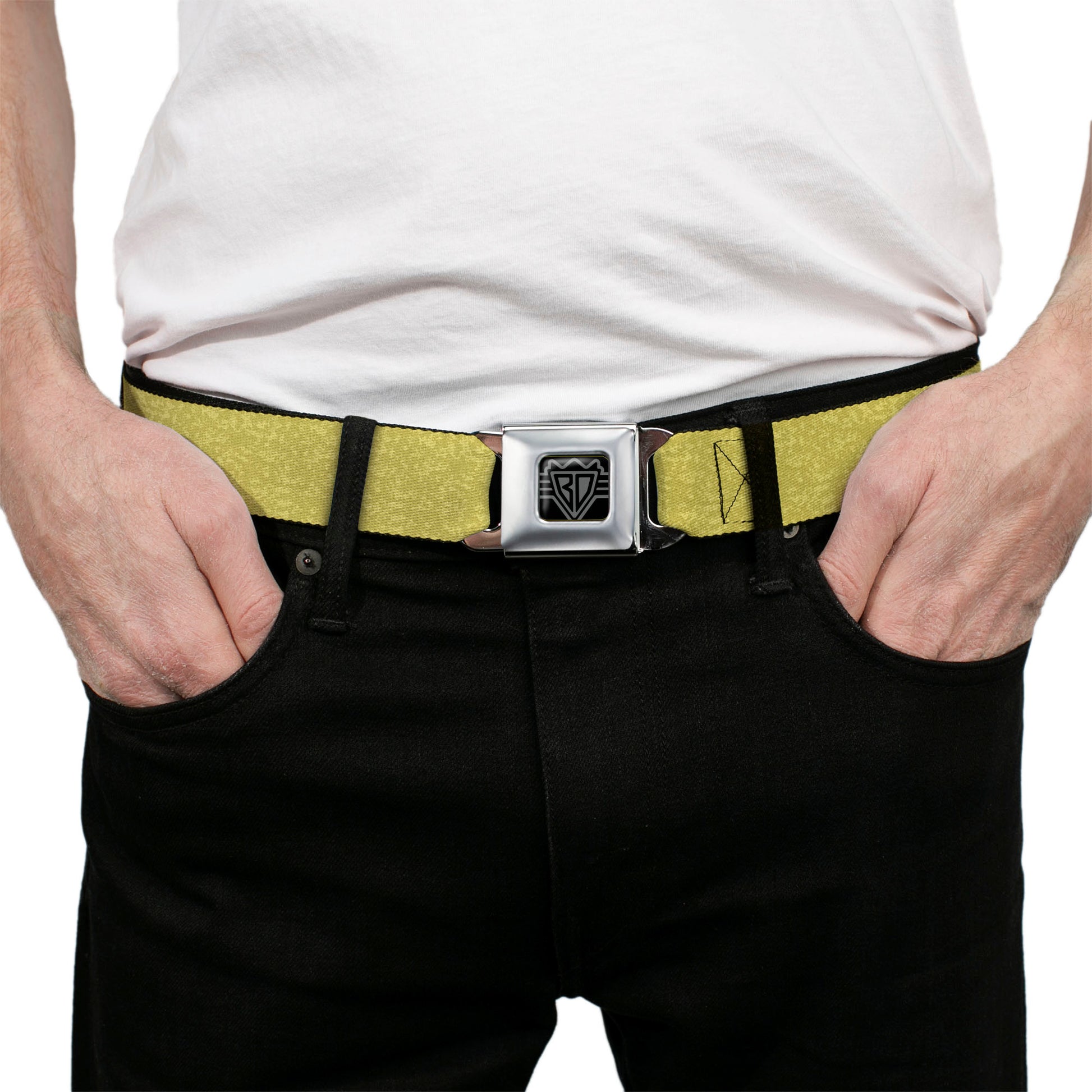 BD Wings Logo CLOSE-UP Black/Silver Seatbelt Belt - Heather4 Yellow Webbing Seatbelt Belts Buckle-Down