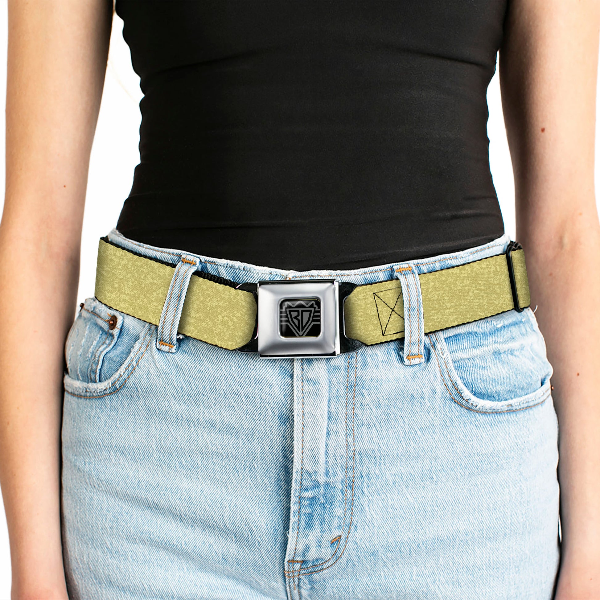 BD Wings Logo CLOSE-UP Black/Silver Seatbelt Belt - Heather4 Yellow Webbing Seatbelt Belts Buckle-Down