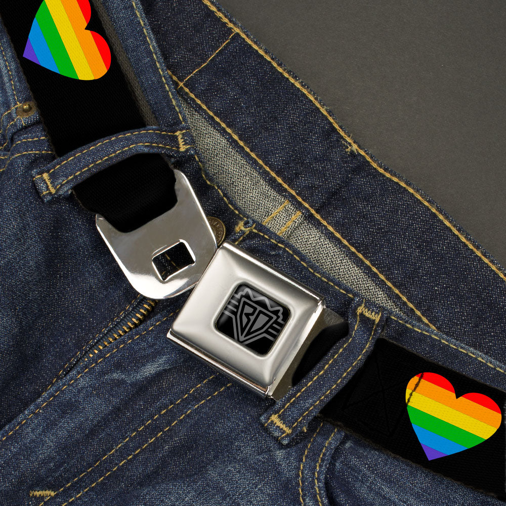 BD Wings Logo CLOSE-UP Black/Silver Seatbelt Belt - Heart Striping Black/Rainbow Webbing Seatbelt Belts Buckle-Down