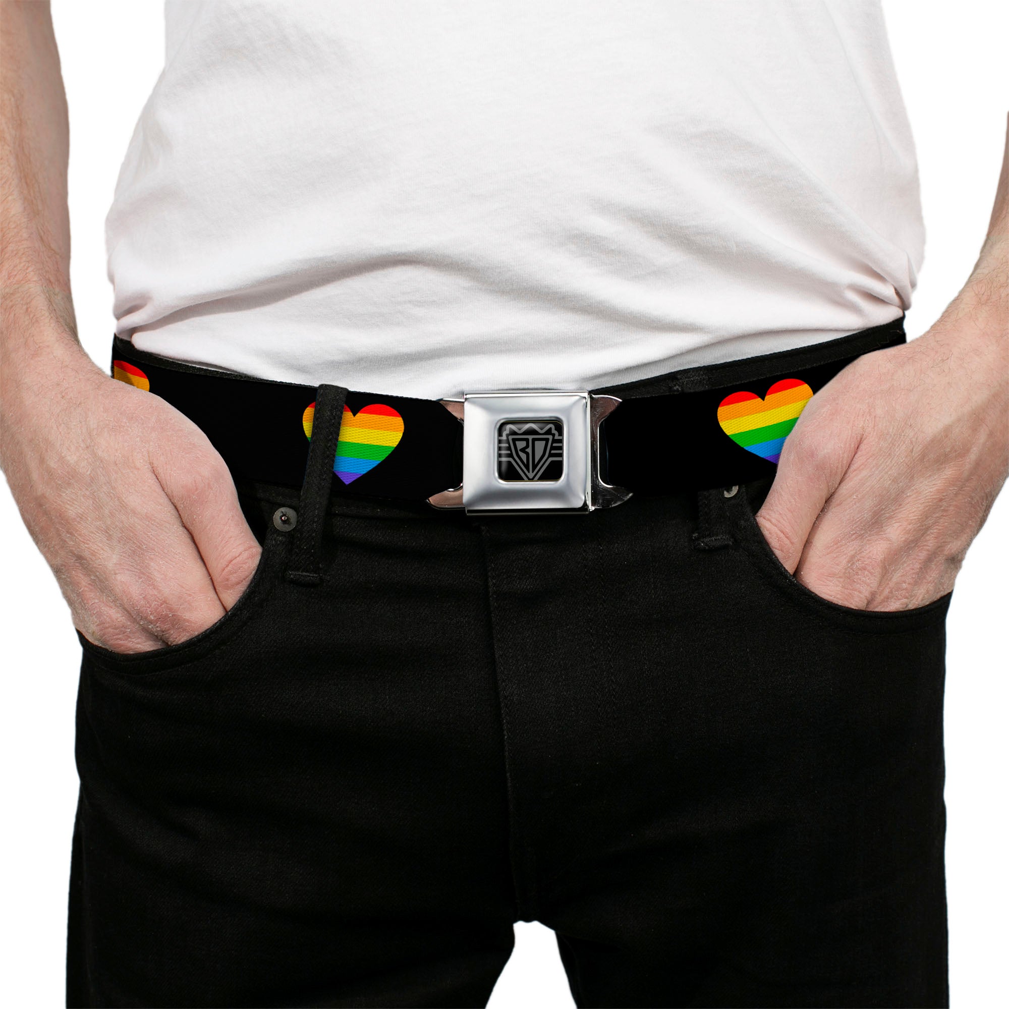 BD Wings Logo CLOSE-UP Black/Silver Seatbelt Belt - Heart Striping Black/Rainbow Webbing Seatbelt Belts Buckle-Down