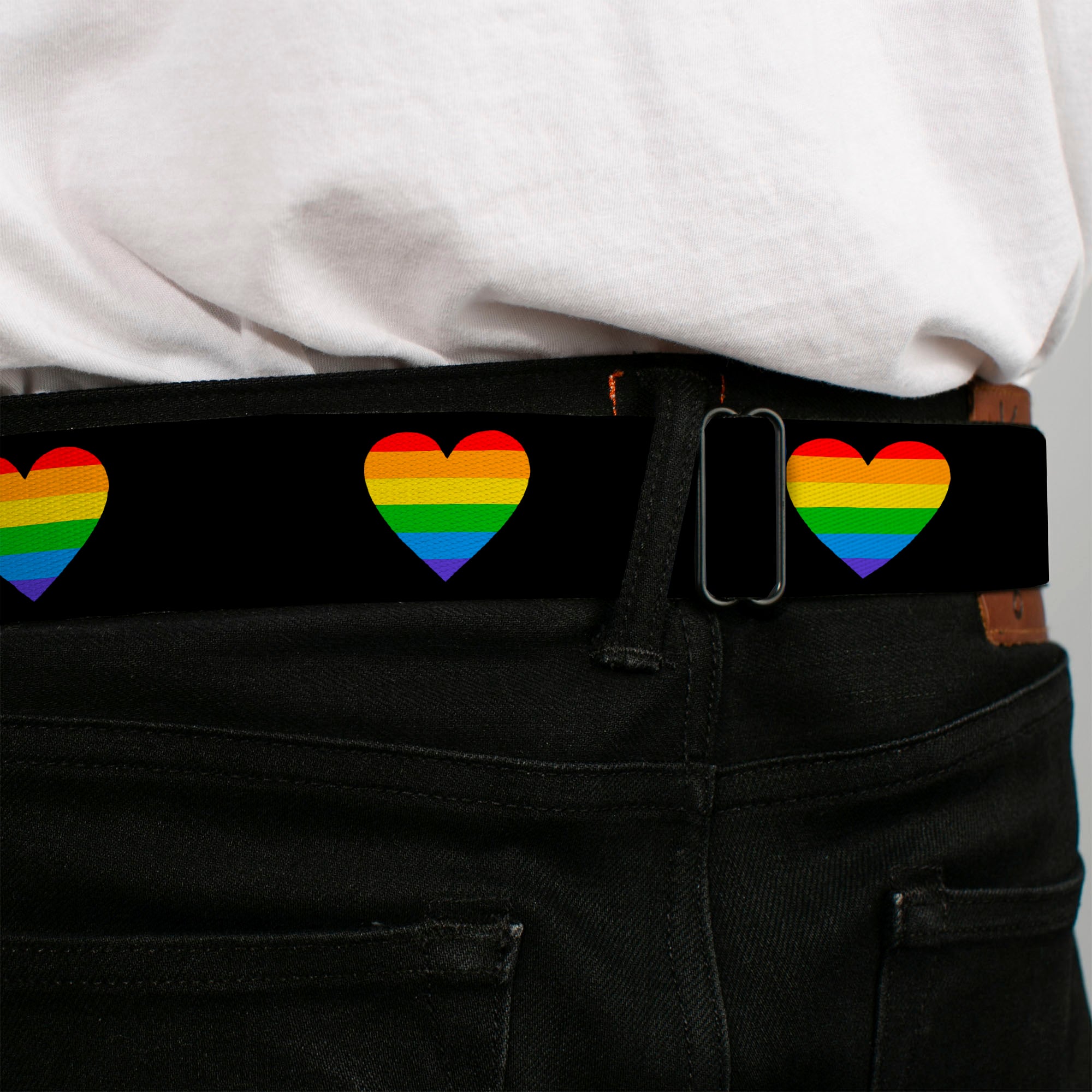 BD Wings Logo CLOSE-UP Black/Silver Seatbelt Belt - Heart Striping Black/Rainbow Webbing Seatbelt Belts Buckle-Down