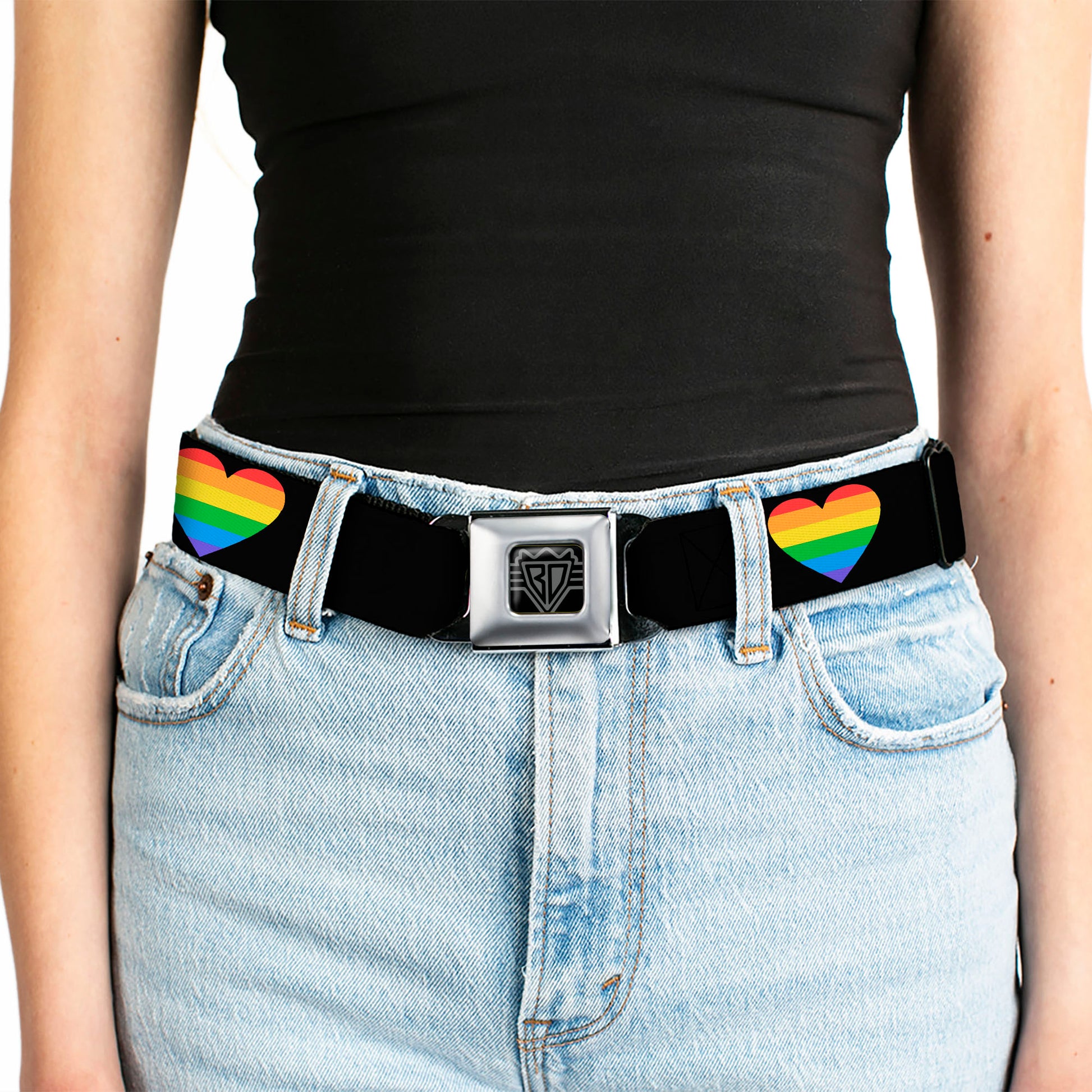 BD Wings Logo CLOSE-UP Black/Silver Seatbelt Belt - Heart Striping Black/Rainbow Webbing Seatbelt Belts Buckle-Down