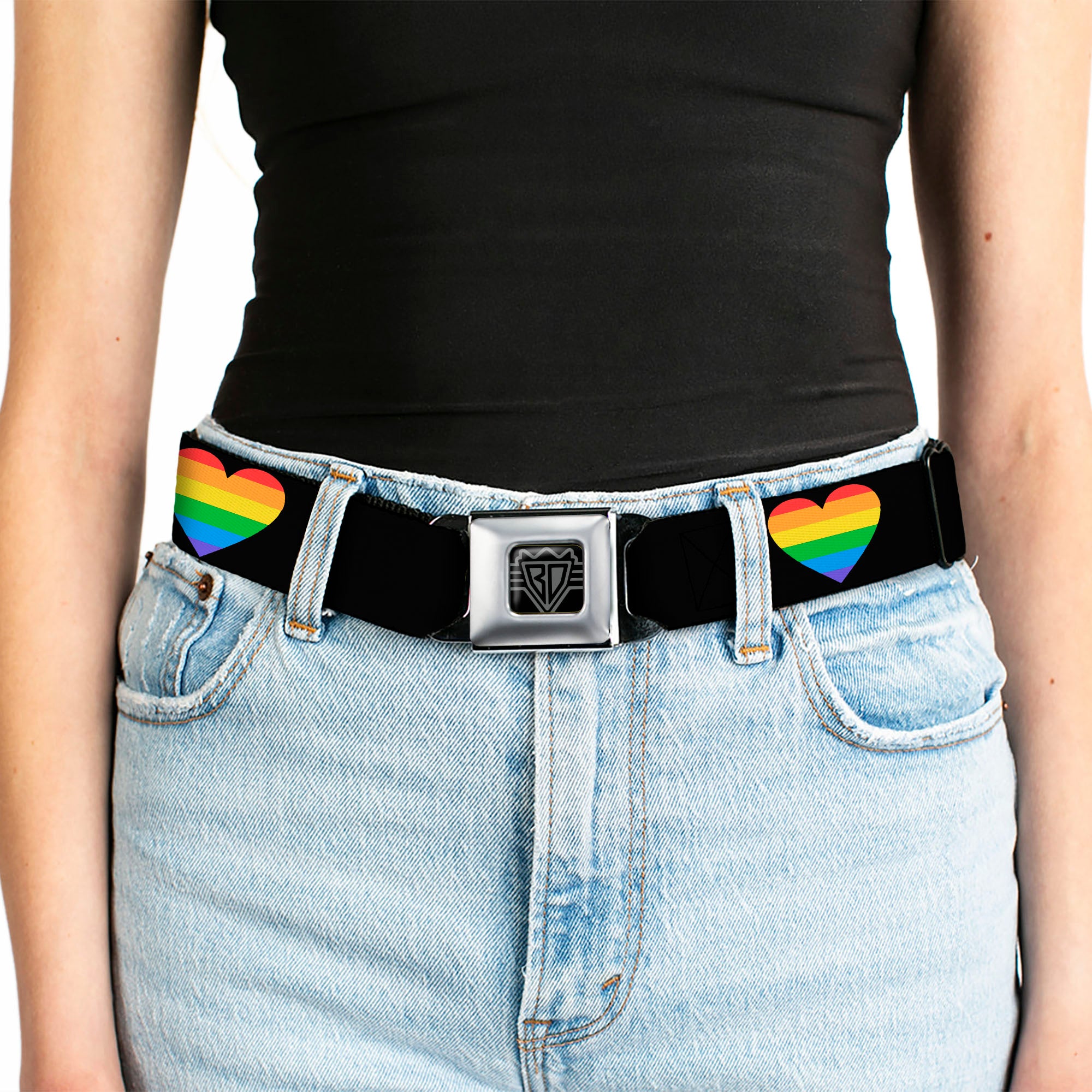 BD Wings Logo CLOSE-UP Black/Silver Seatbelt Belt - Heart Striping Black/Rainbow Webbing Seatbelt Belts Buckle-Down