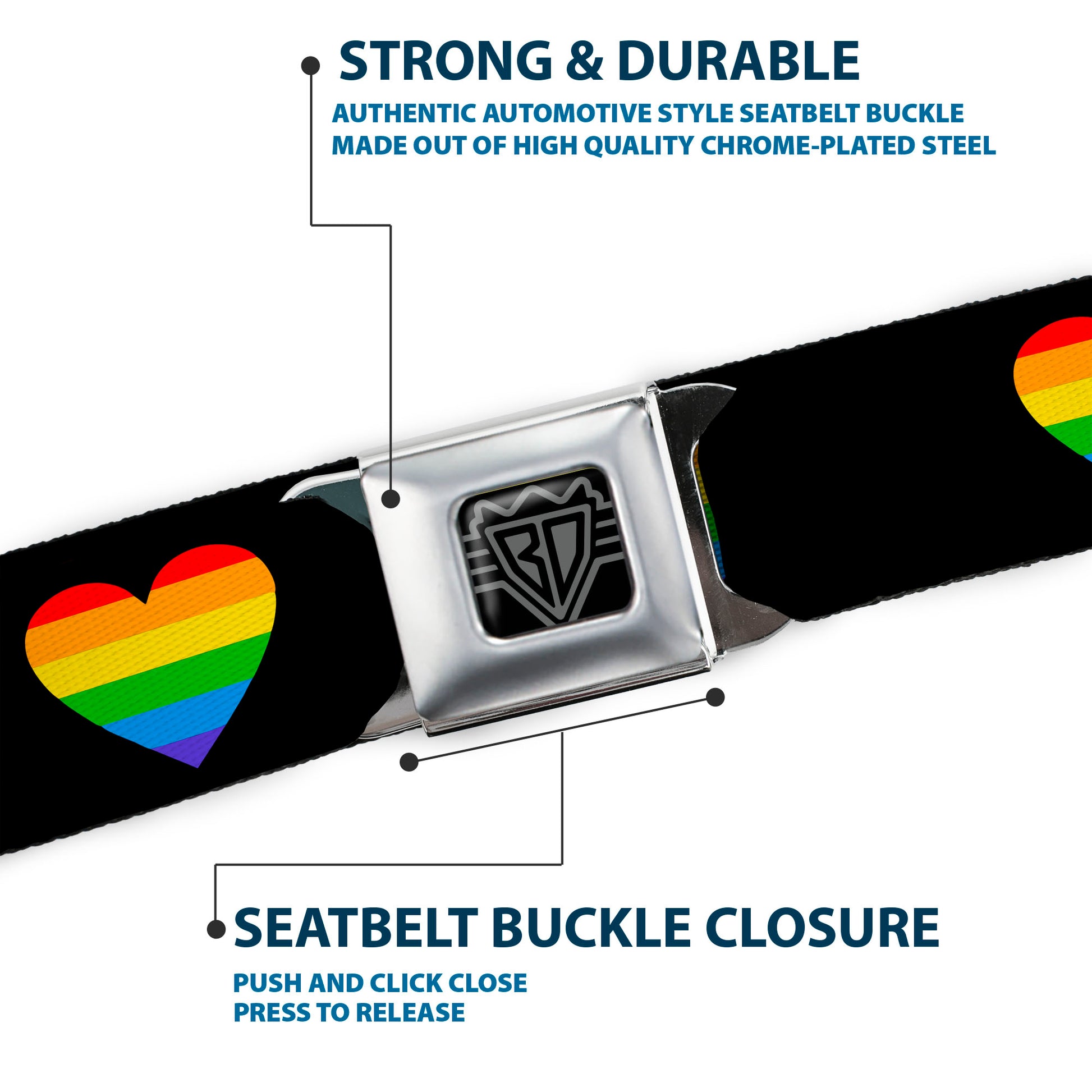 BD Wings Logo CLOSE-UP Black/Silver Seatbelt Belt - Heart Striping Black/Rainbow Webbing Seatbelt Belts Buckle-Down