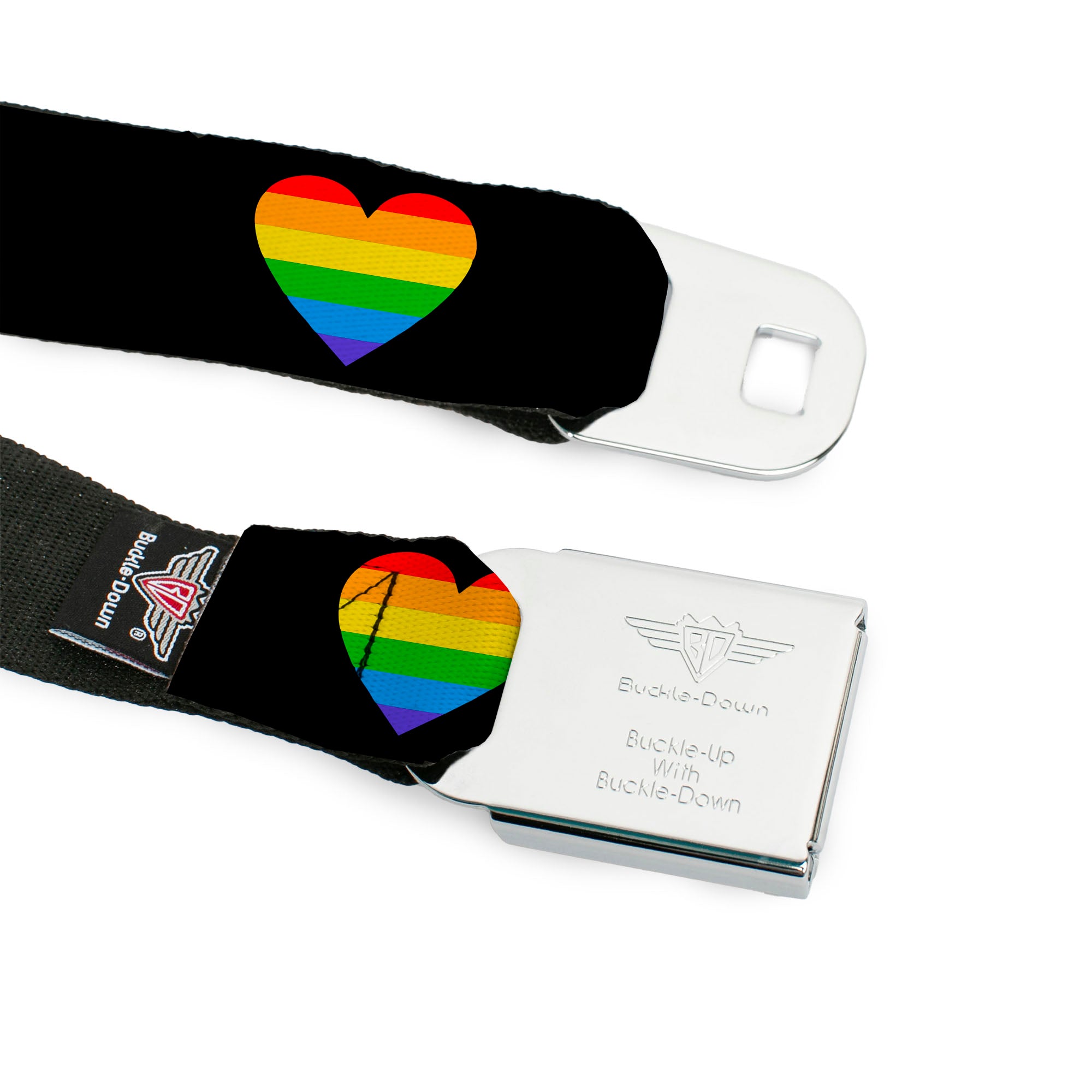 BD Wings Logo CLOSE-UP Black/Silver Seatbelt Belt - Heart Striping Black/Rainbow Webbing Seatbelt Belts Buckle-Down
