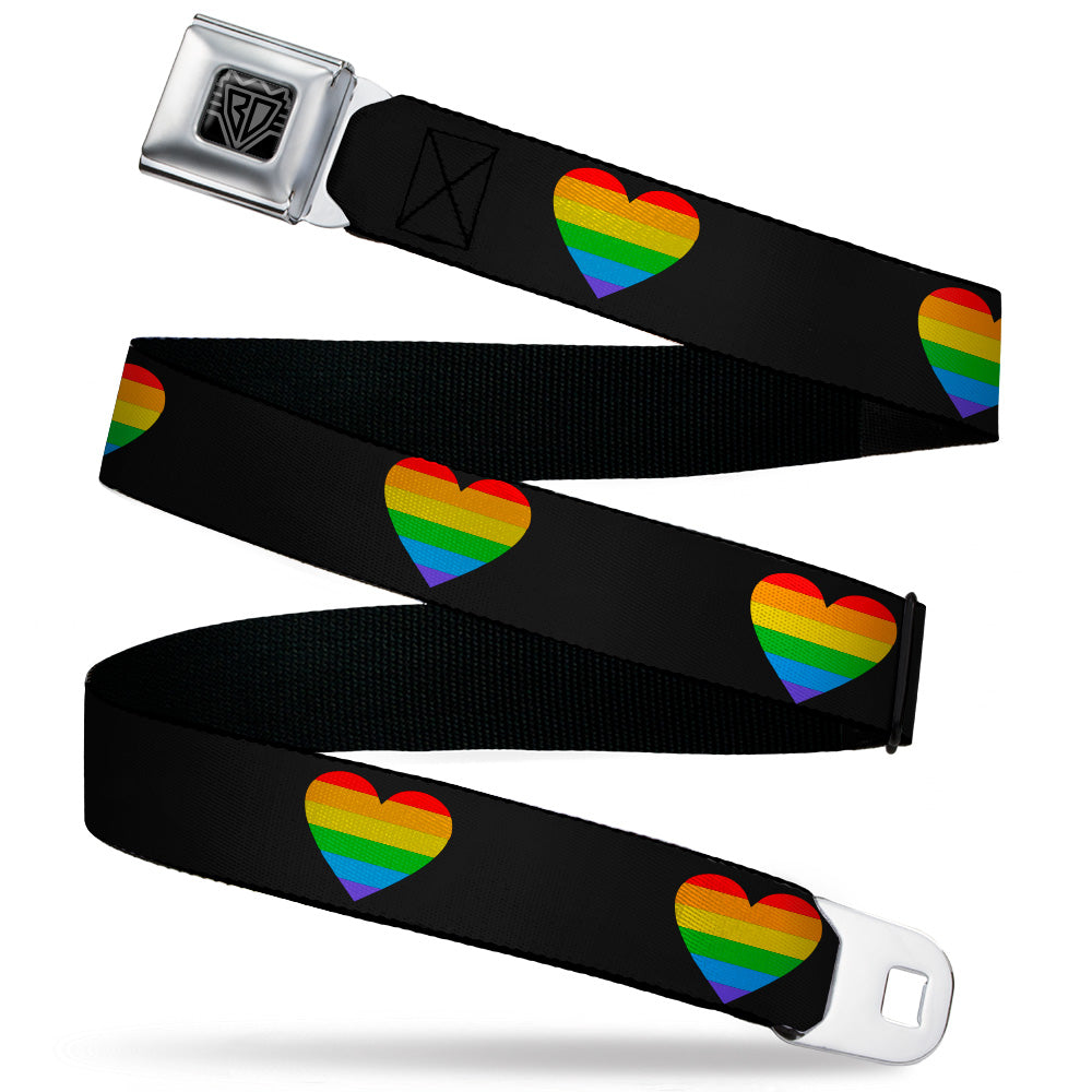 BD Wings Logo CLOSE-UP Black/Silver Seatbelt Belt - Heart Striping Black/Rainbow Webbing Seatbelt Belts Buckle-Down