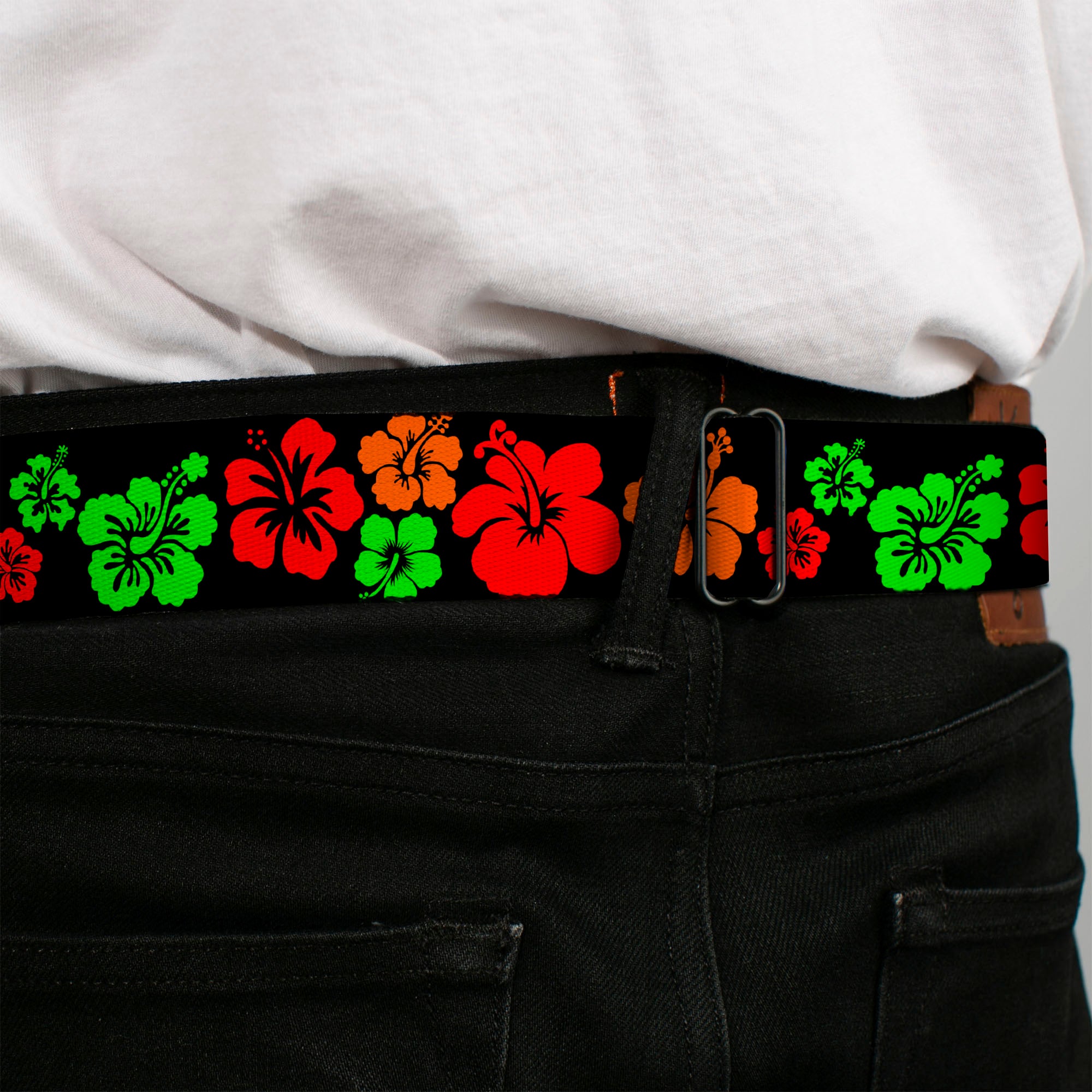 BD Wings Logo CLOSE-UP Black/Silver Seatbelt Belt - Hibiscus Flowers Black/Green/Red/Orange Webbing Seatbelt Belts Buckle-Down