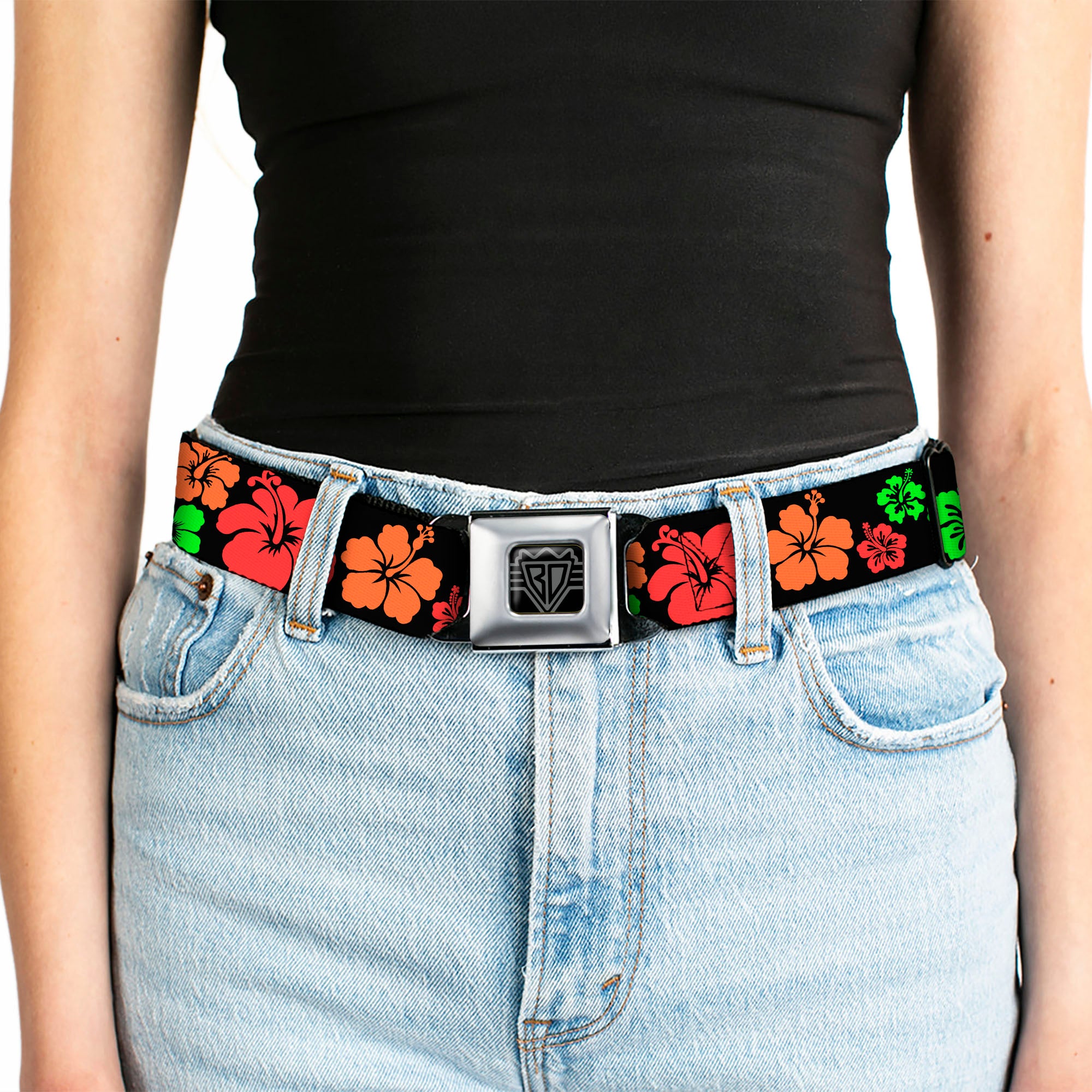 BD Wings Logo CLOSE-UP Black/Silver Seatbelt Belt - Hibiscus Flowers Black/Green/Red/Orange Webbing Seatbelt Belts Buckle-Down
