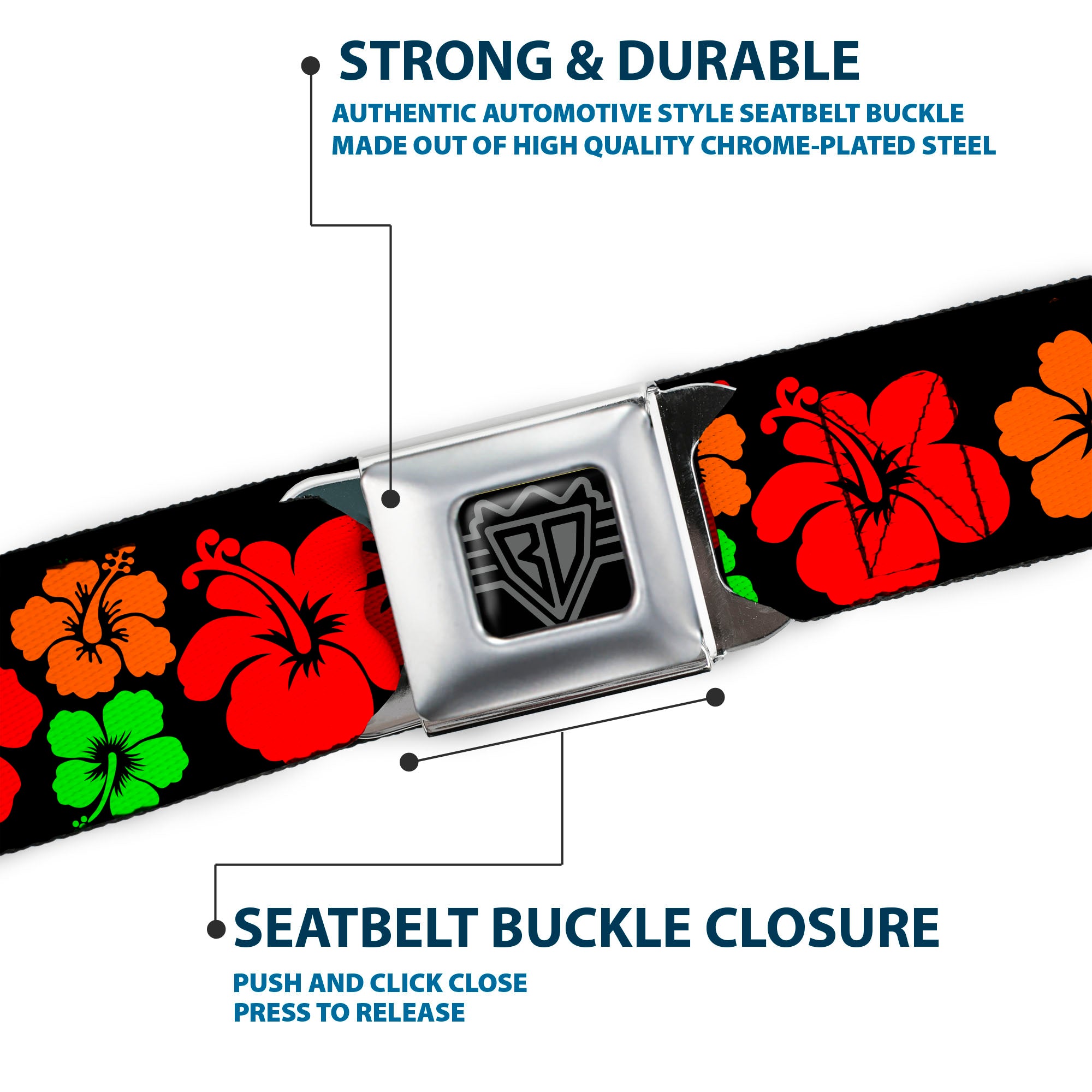 BD Wings Logo CLOSE-UP Black/Silver Seatbelt Belt - Hibiscus Flowers Black/Green/Red/Orange Webbing Seatbelt Belts Buckle-Down