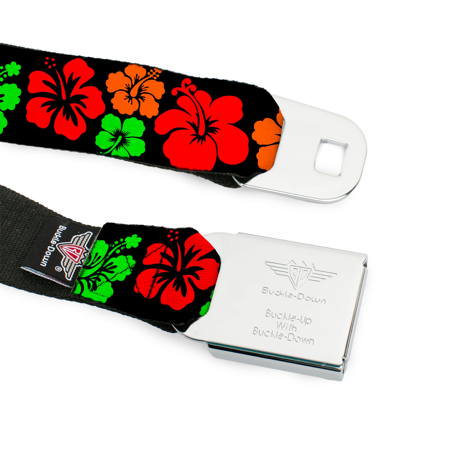 BD Wings Logo CLOSE-UP Black/Silver Seatbelt Belt - Hibiscus Flowers Black/Green/Red/Orange Webbing Seatbelt Belts Buckle-Down
