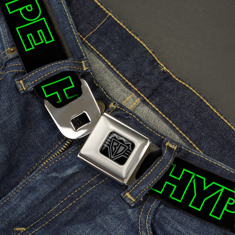 BD Wings Logo CLOSE-UP Black/Silver Seatbelt Belt - HYPE Outline Black/Neon Green Webbing Seatbelt Belts Buckle-Down