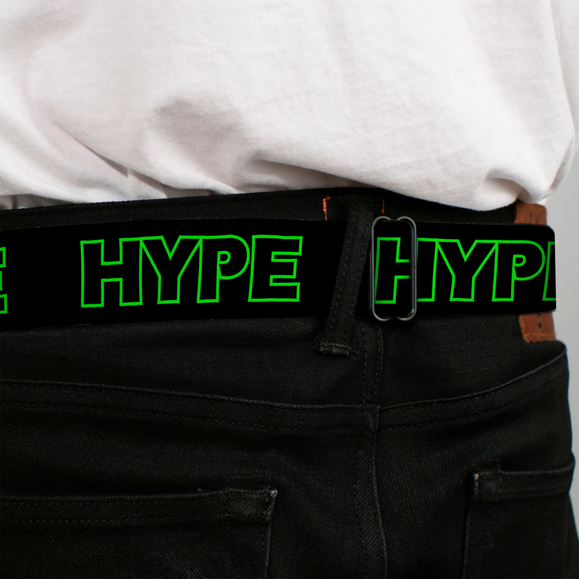 BD Wings Logo CLOSE-UP Black/Silver Seatbelt Belt - HYPE Outline Black/Neon Green Webbing Seatbelt Belts Buckle-Down