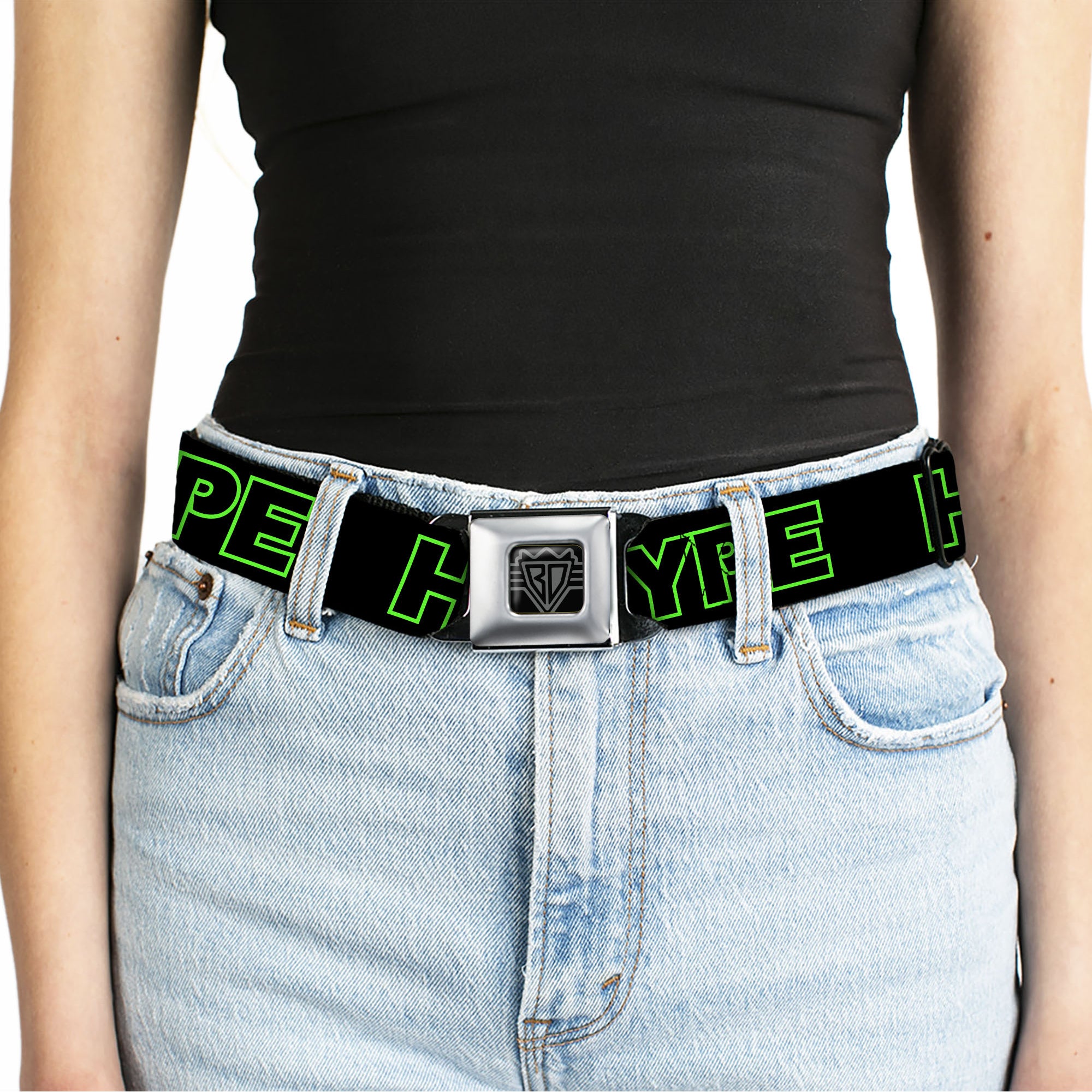 BD Wings Logo CLOSE-UP Black/Silver Seatbelt Belt - HYPE Outline Black/Neon Green Webbing Seatbelt Belts Buckle-Down