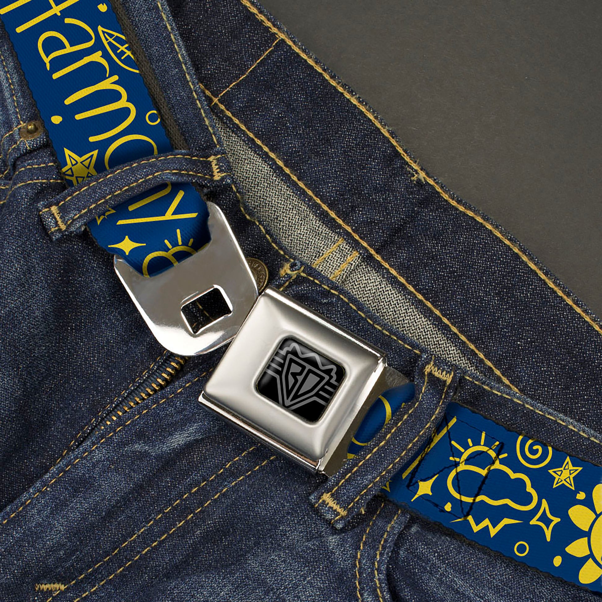 BD Wings Logo CLOSE-UP Black/Silver Seatbelt Belt - HARMONY BALANCE LIFE Icons Collage Blue/Yellow Webbing Seatbelt Belts Buckle-Down