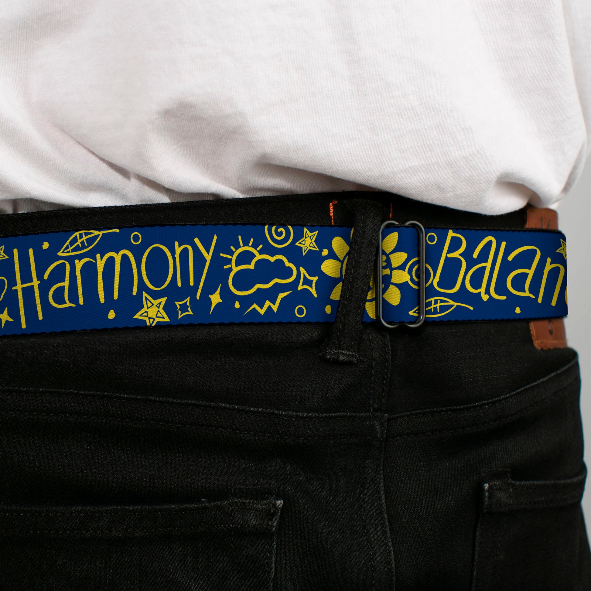 BD Wings Logo CLOSE-UP Black/Silver Seatbelt Belt - HARMONY BALANCE LIFE Icons Collage Blue/Yellow Webbing Seatbelt Belts Buckle-Down