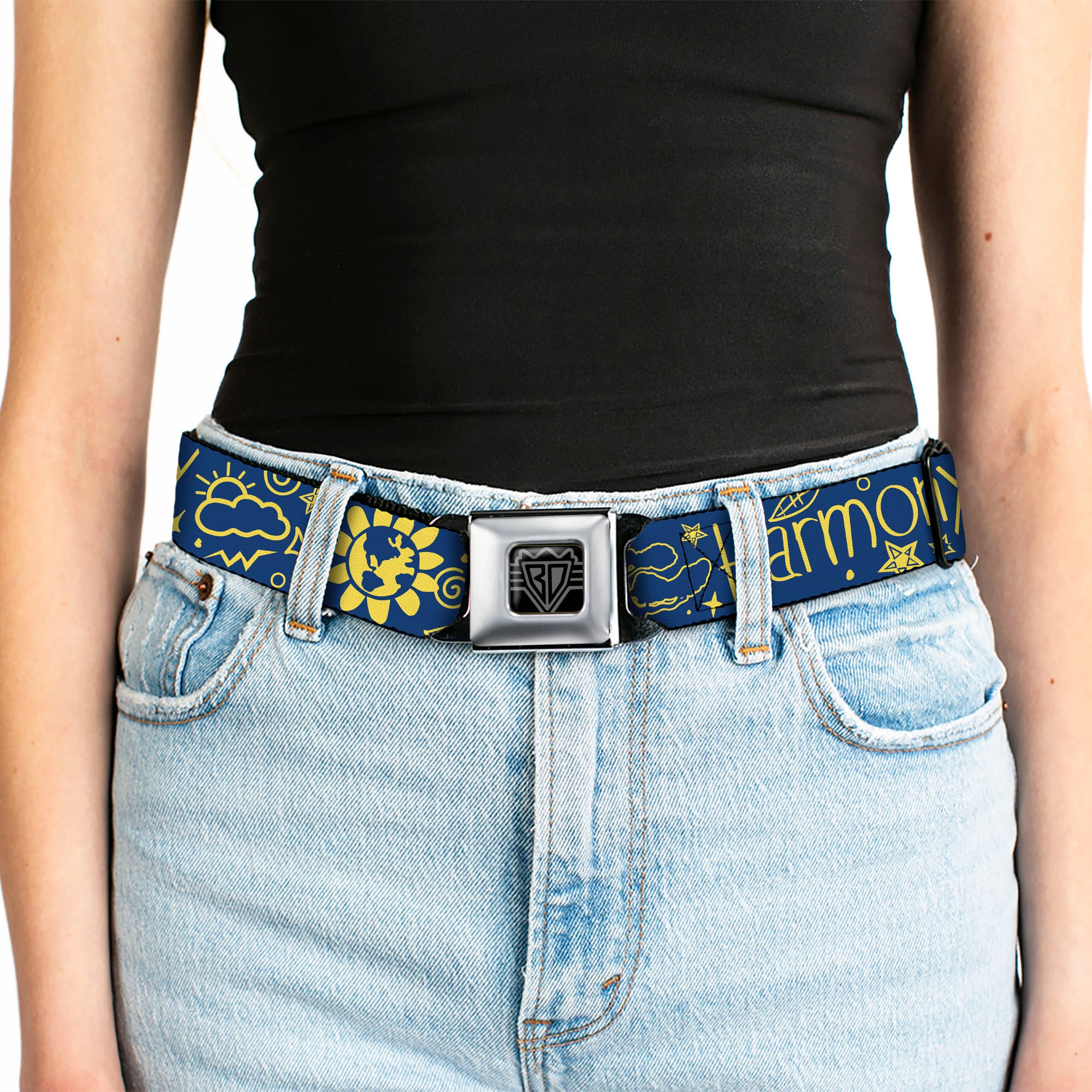 BD Wings Logo CLOSE-UP Black/Silver Seatbelt Belt - HARMONY BALANCE LIFE Icons Collage Blue/Yellow Webbing Seatbelt Belts Buckle-Down